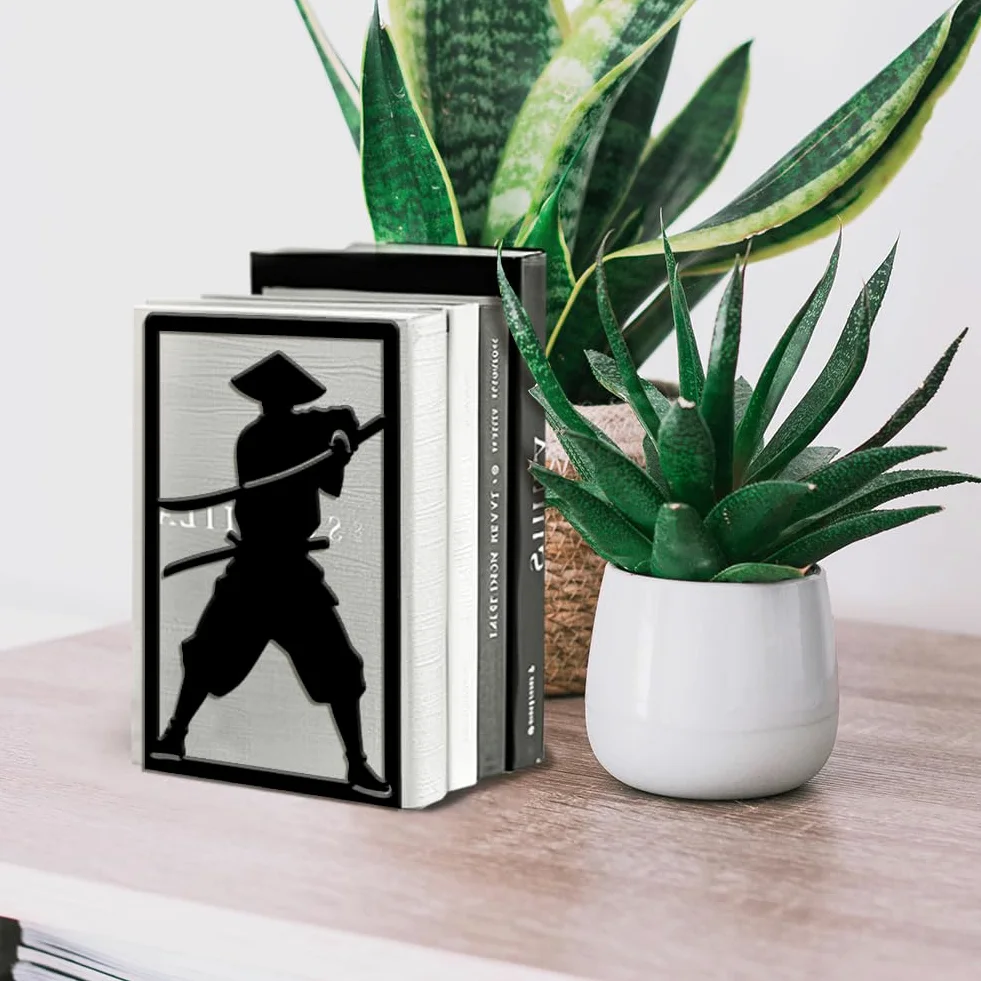 Peacoblue Fermalibri Originale in Metallo Nero, Fermalibri Samurai Giapponese Design Moderno Ferma Libri Decorativo per Ufficio, Cucina, Mensola e Libreria, 1 Coppia