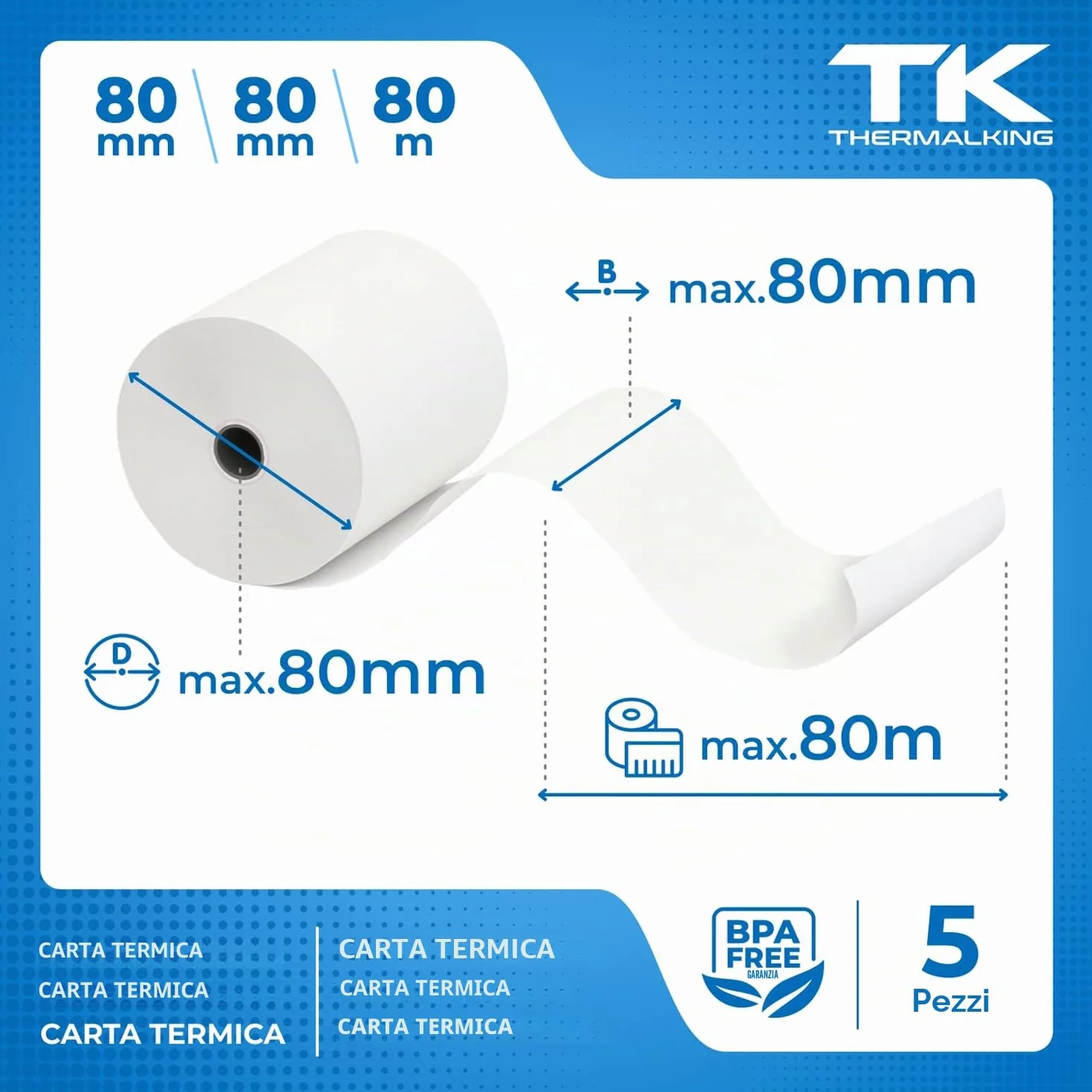 THERMALKING Rotoli Cassa Termica Fiscale 80x80x12mm 80mm x 80m 5x
