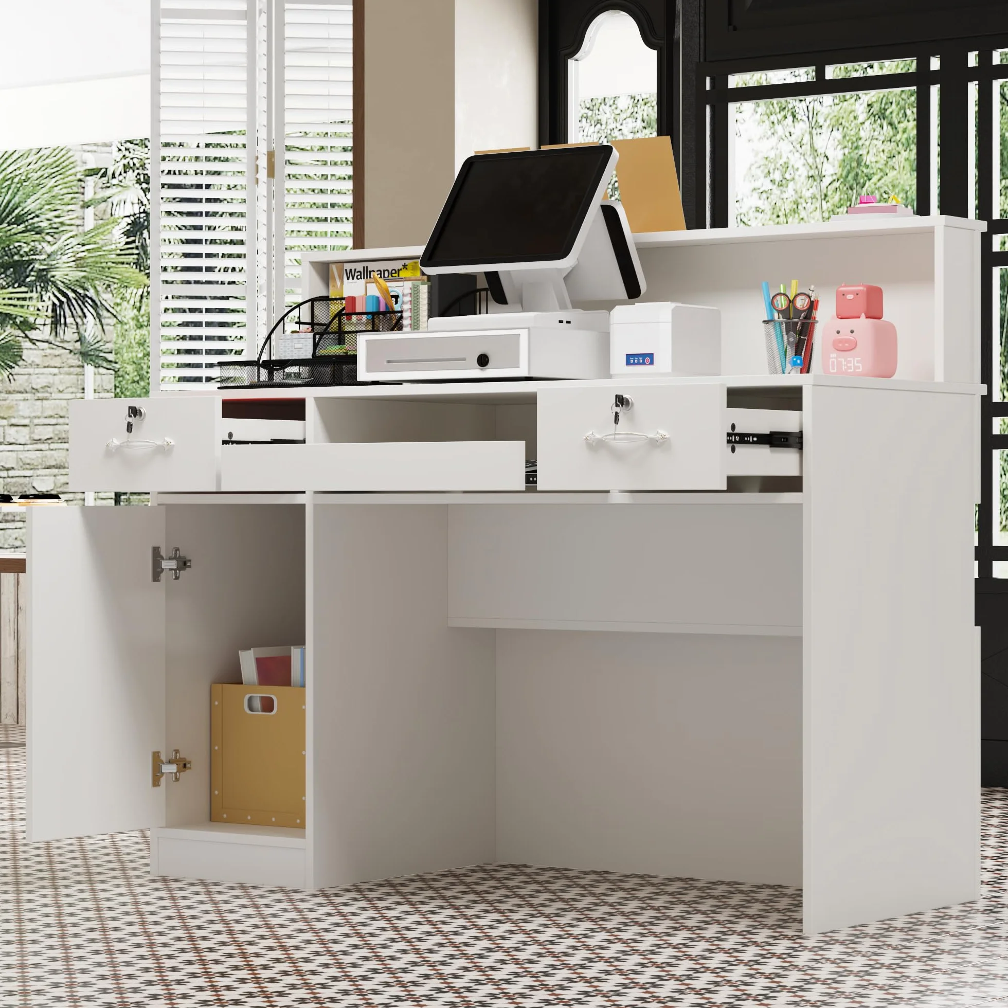 Banco reception con cassetto per tastiera - Banco ufficio in MDF bianco - Arredamento per negozi al dettaglio, 100 x 120 x 50 cm