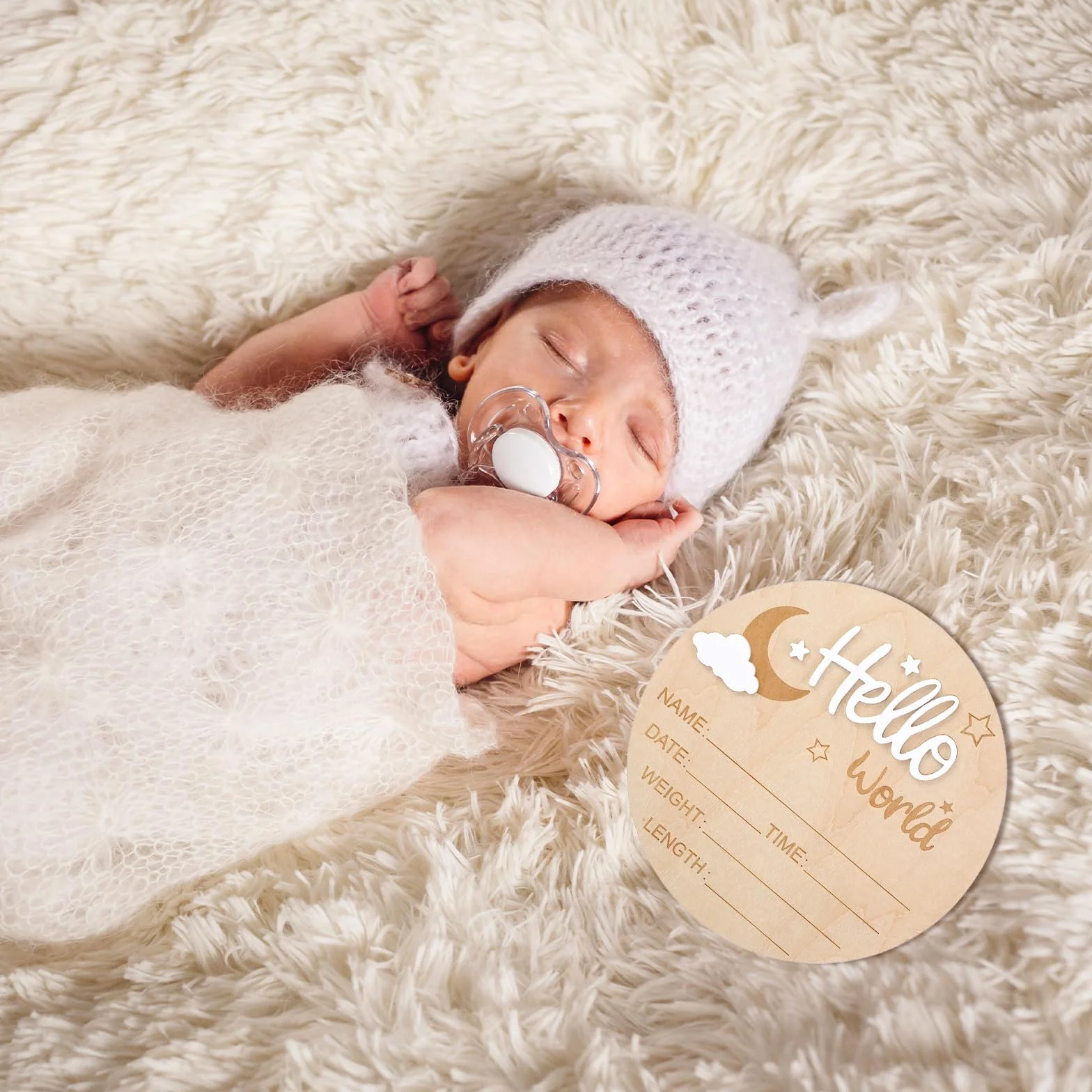 Nogeqi Biglietti miliari bianchi per bambini legno Hello World neonati rotondi genitori incinte