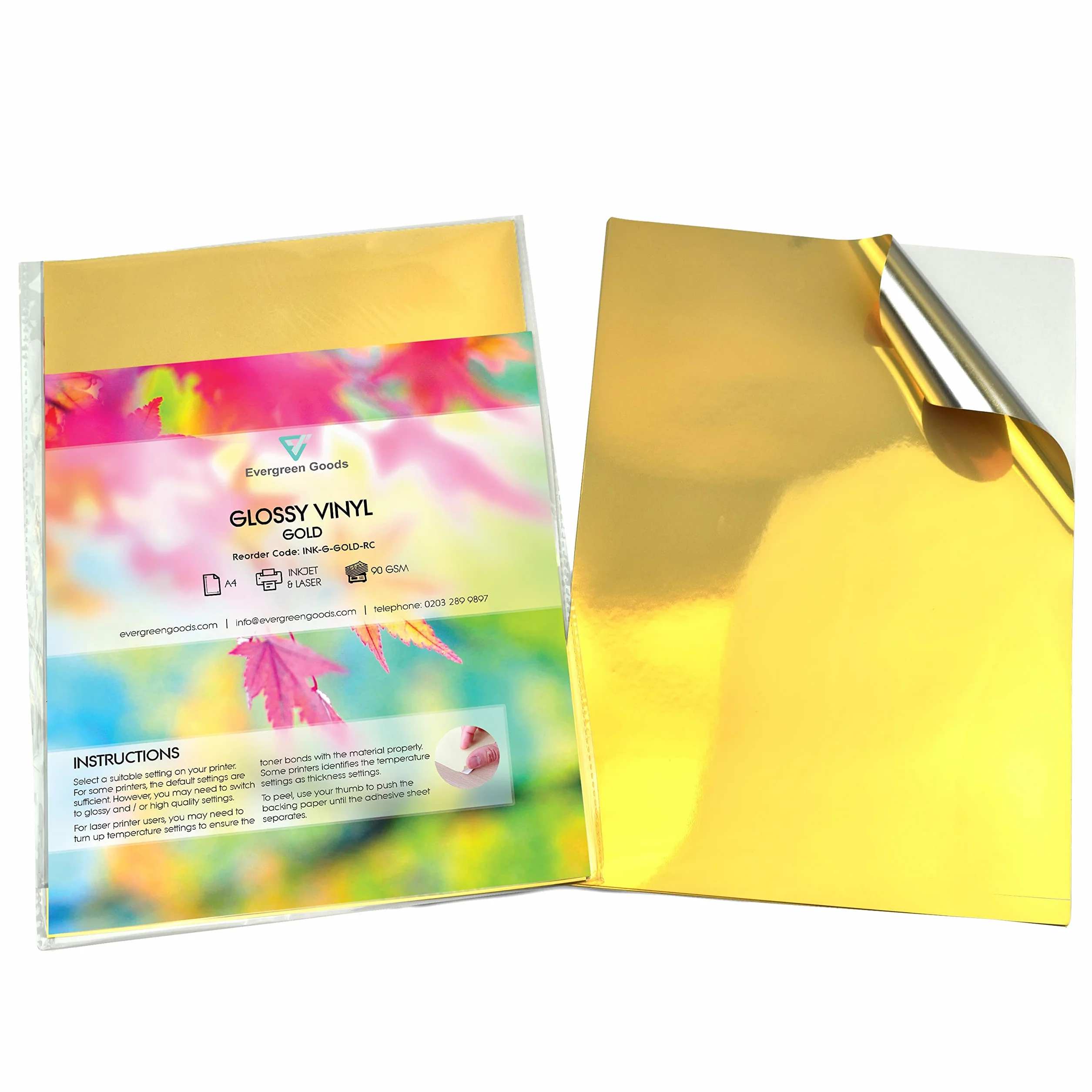 Evergreen Goods A4 10 Fogli Carta Adesiva in Vinile Lucido Oro per Stampante Laser a Getto D'inchiostro Impermeabile