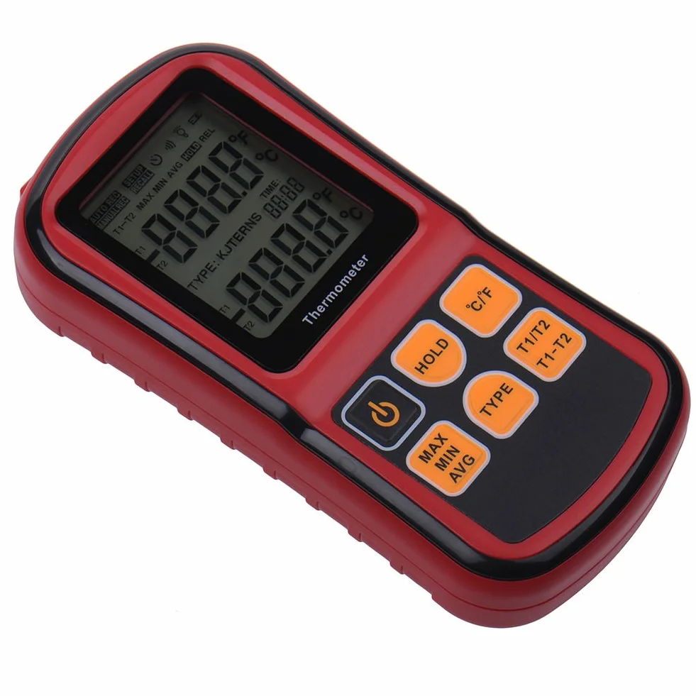 Termometro digitale Dual Channel RGBS con due termocoppie K tipo, retroilluminazione LCD per K/J/T/E/R/S/N, per industria agricoltura meteorologia