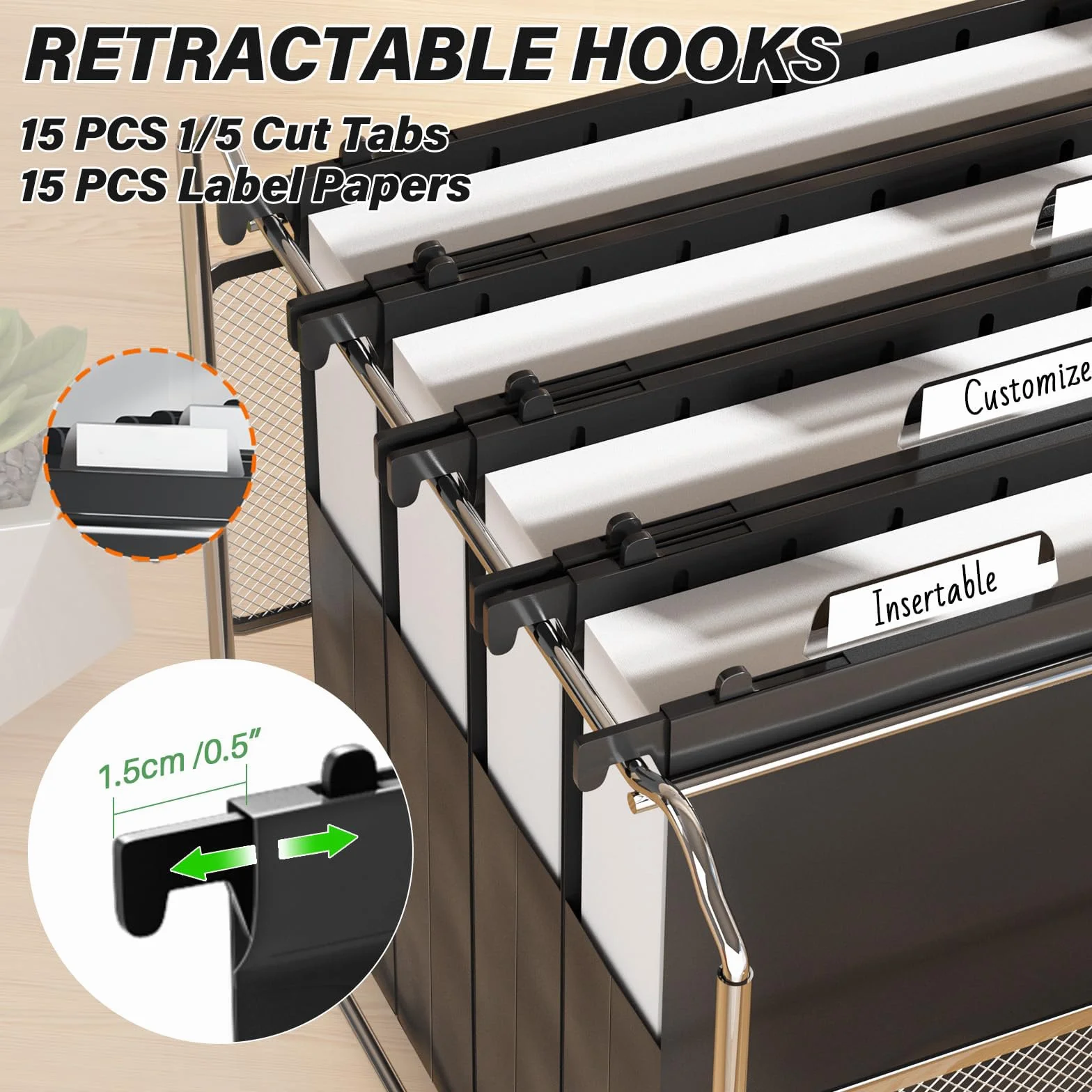 Ansook Cartelle portadocumenti in plastica da appendere, con tasca espandibile da 5,1 cm, con guarnizione nera, resistenti per schedario, organizer per cartelle da appendere, nero, formato lettera