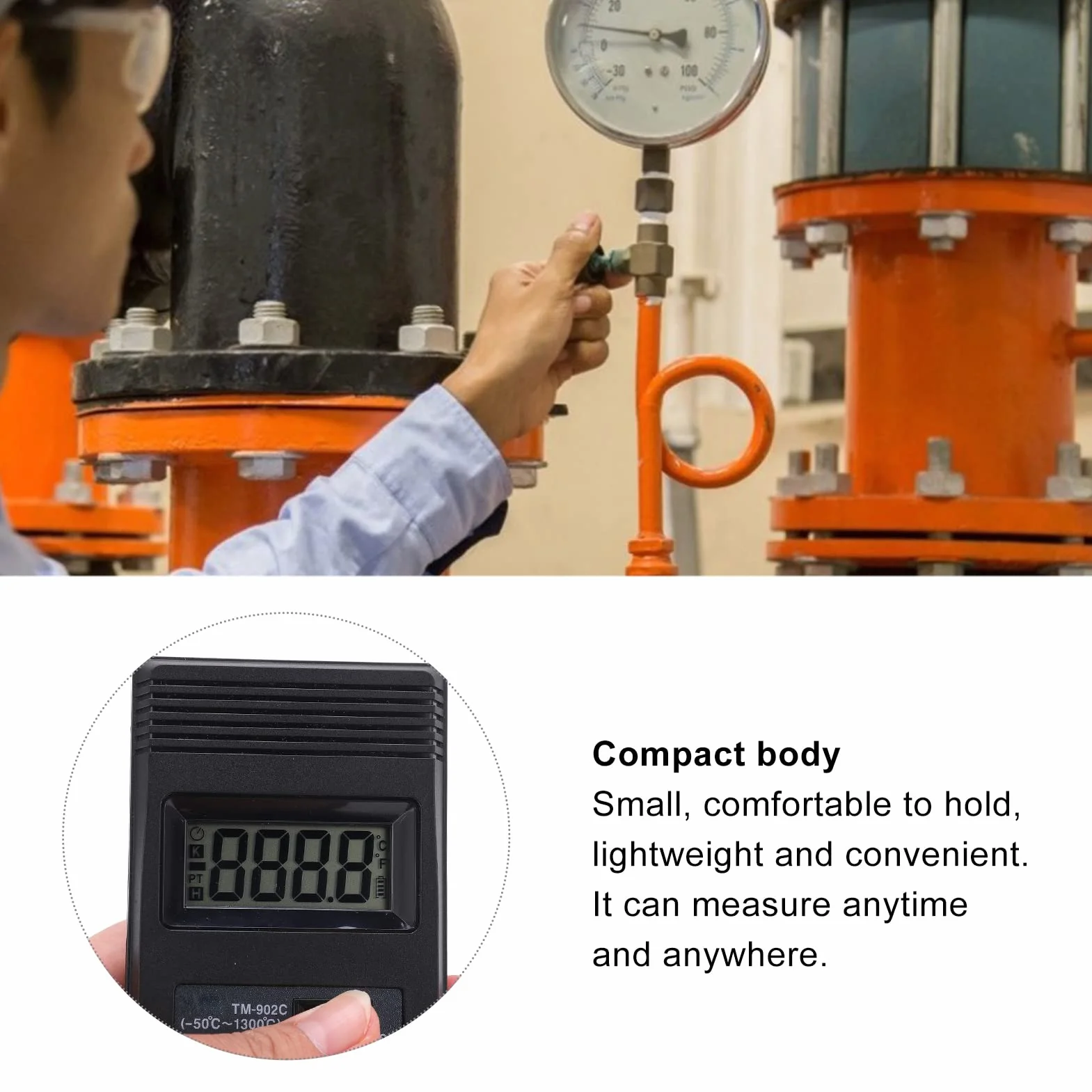 Termometro Digitale a Termocoppia Tipo K con Sonda, Display LCD Industriale per Gas e Liquidi