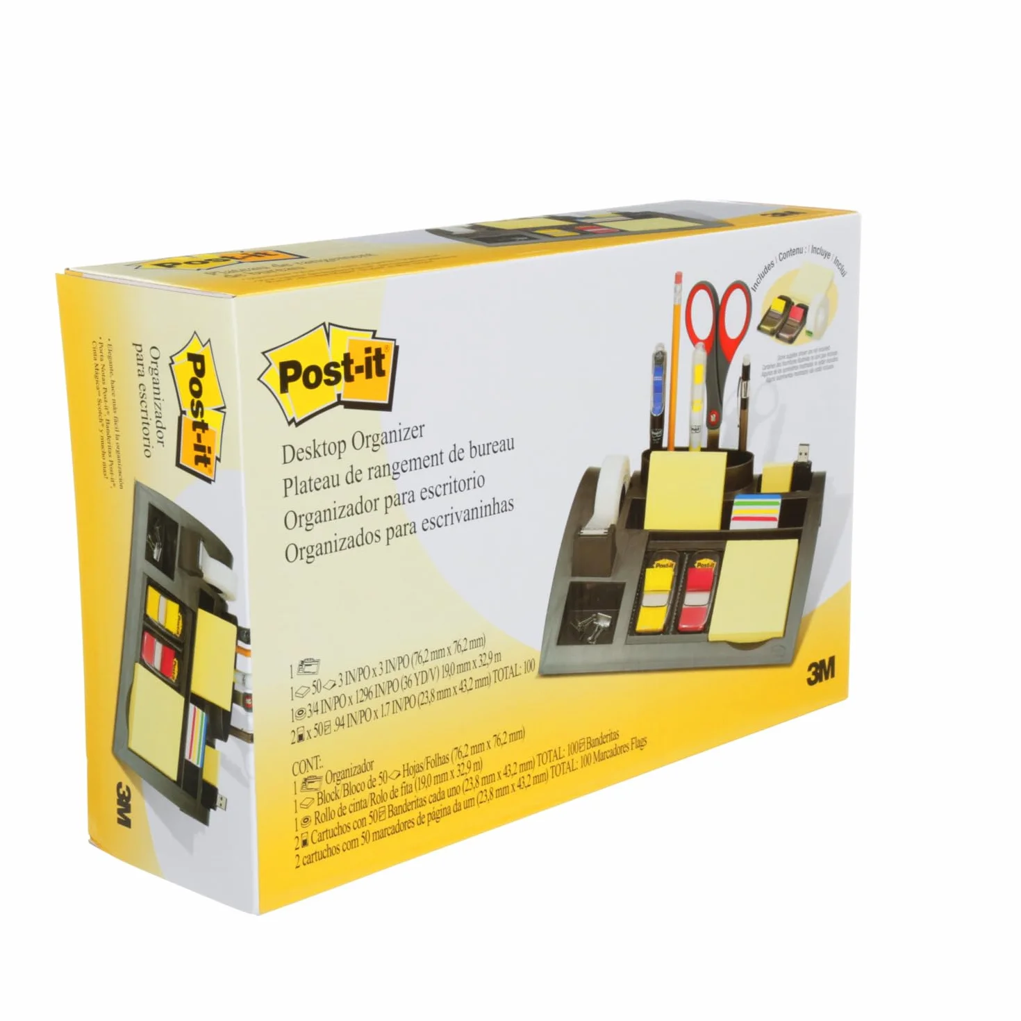 Post-it Organizer da Scrivania, Contiene una Confezione di Foglietti (100 Fogli per Blocco), 4 x 35 Segnapagina Index e Nastro Adesivo Scotch Magic, Colore Argento