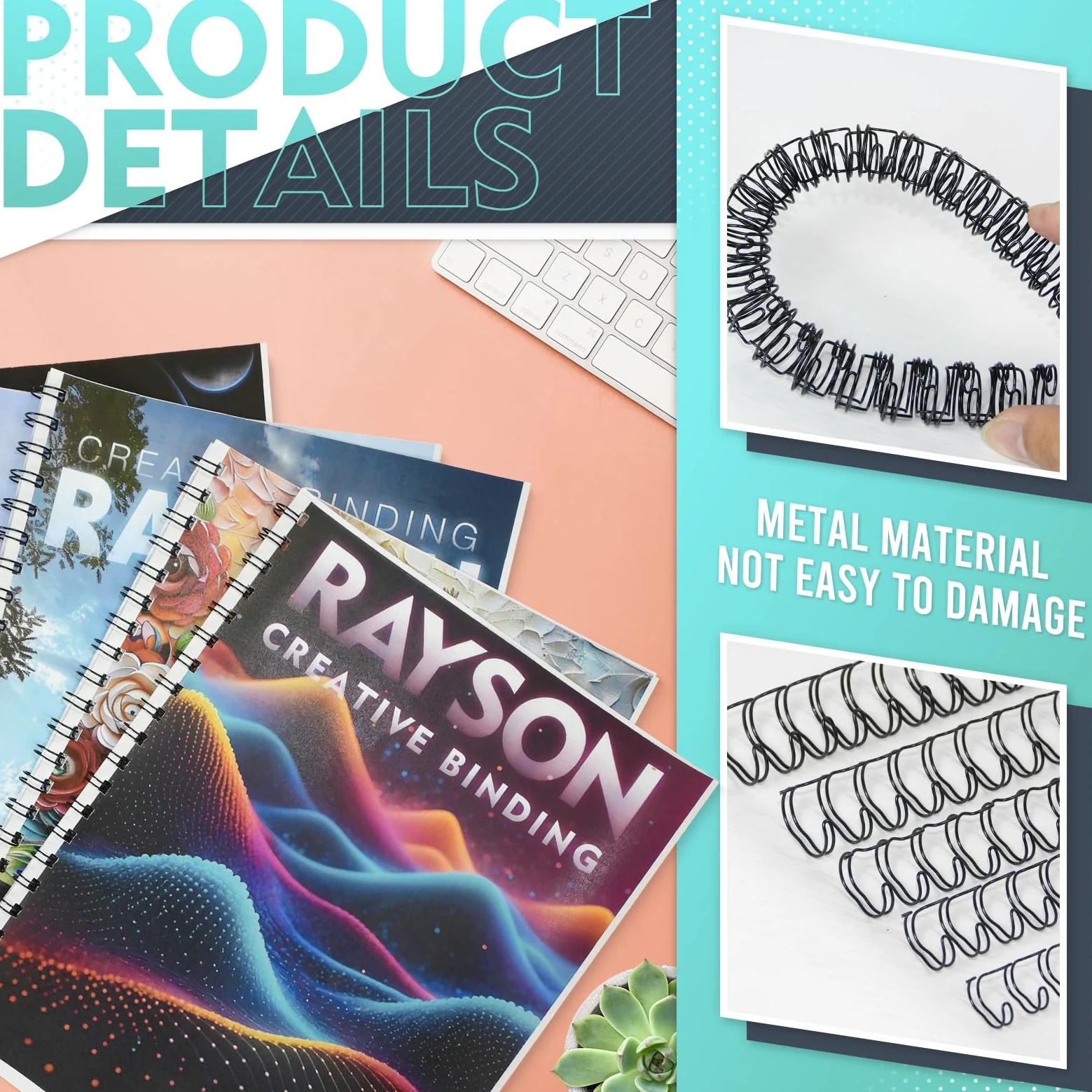 Rayson Fili per rilegatura a doppio anello, misure miste (3/8", 7/16", 1/2", 9/16", 5/8"), spine per rilegatura a filo passo 2:1, 21 anelli, nero, confezione da 100