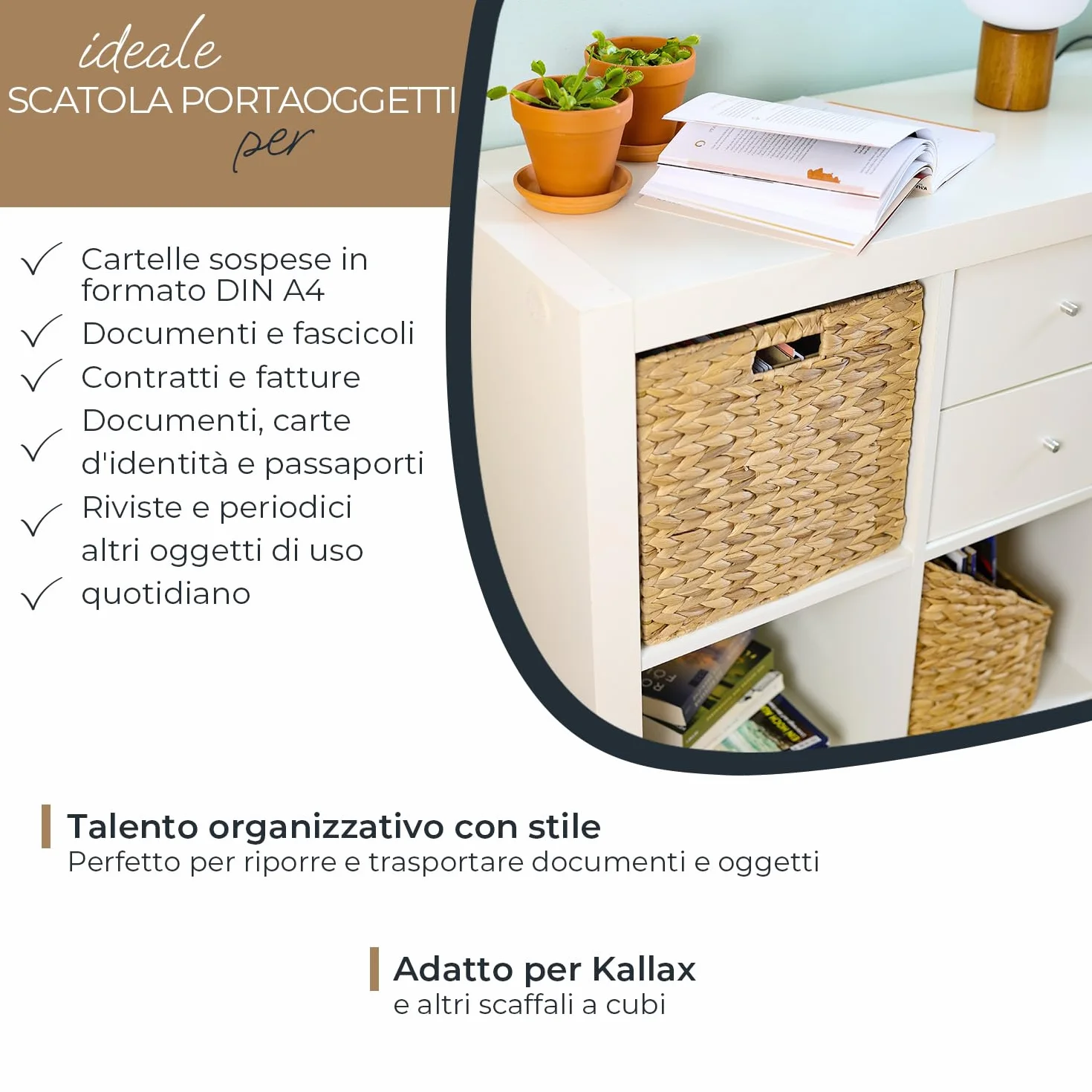 HMF Cesto portaoggetti per cartelle sospese DIN A4 compatibile con scaffale KALLAX, cesto intrecciato in giacinto d’acqua con maniglie | 33 x 38 x 32 cm | naturale