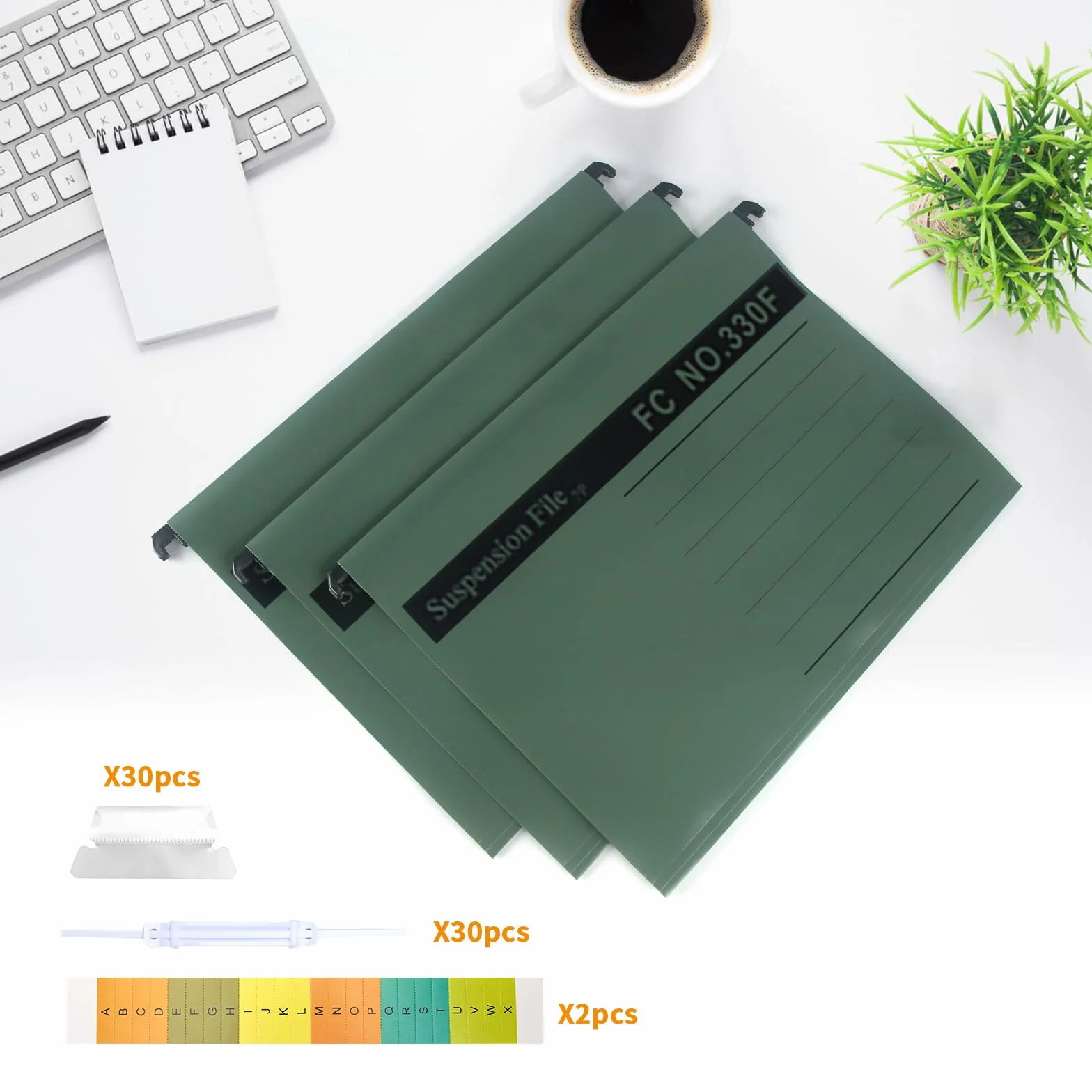 30 Pezzi Cartelle Sospese in Polipropilene, Formato Foolscap, con Linguette e Inserti Schede(Verde)