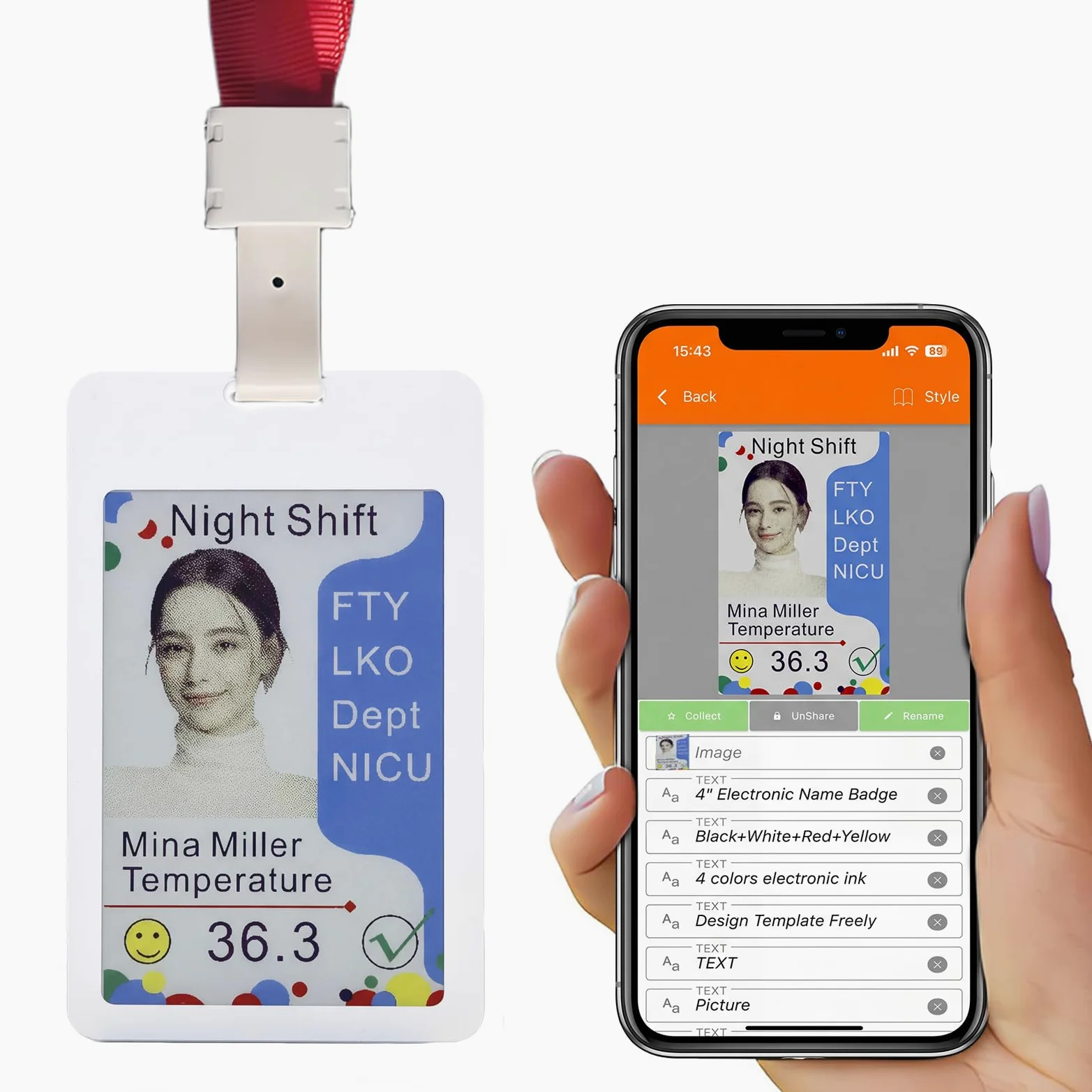 Porta badge elettronico, 9,1 cm, 6 colori, per biglietti da visita digitali, badge con nome vuoto (aggiornamento app Bluetooth), badge per dipendenti da ufficio con cordino rosso, ricaricabile