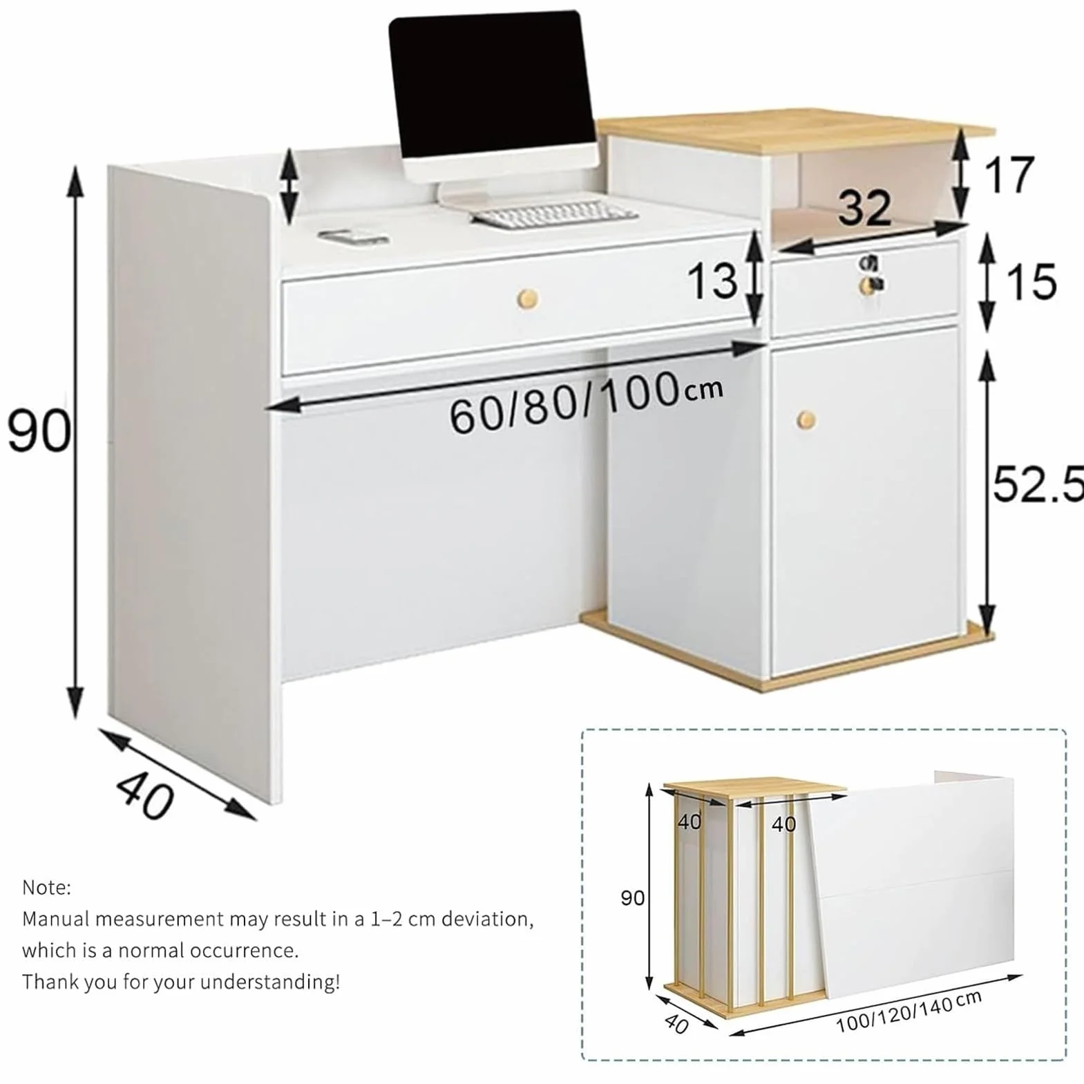 Bancone Reception per Centro Estetico – Banco Cassa Professionale con Cassetto, Desk Reception per Ufficio e Negozio, Ideale per Negozi di Abbigliamento, Pasticcerie B 100cm