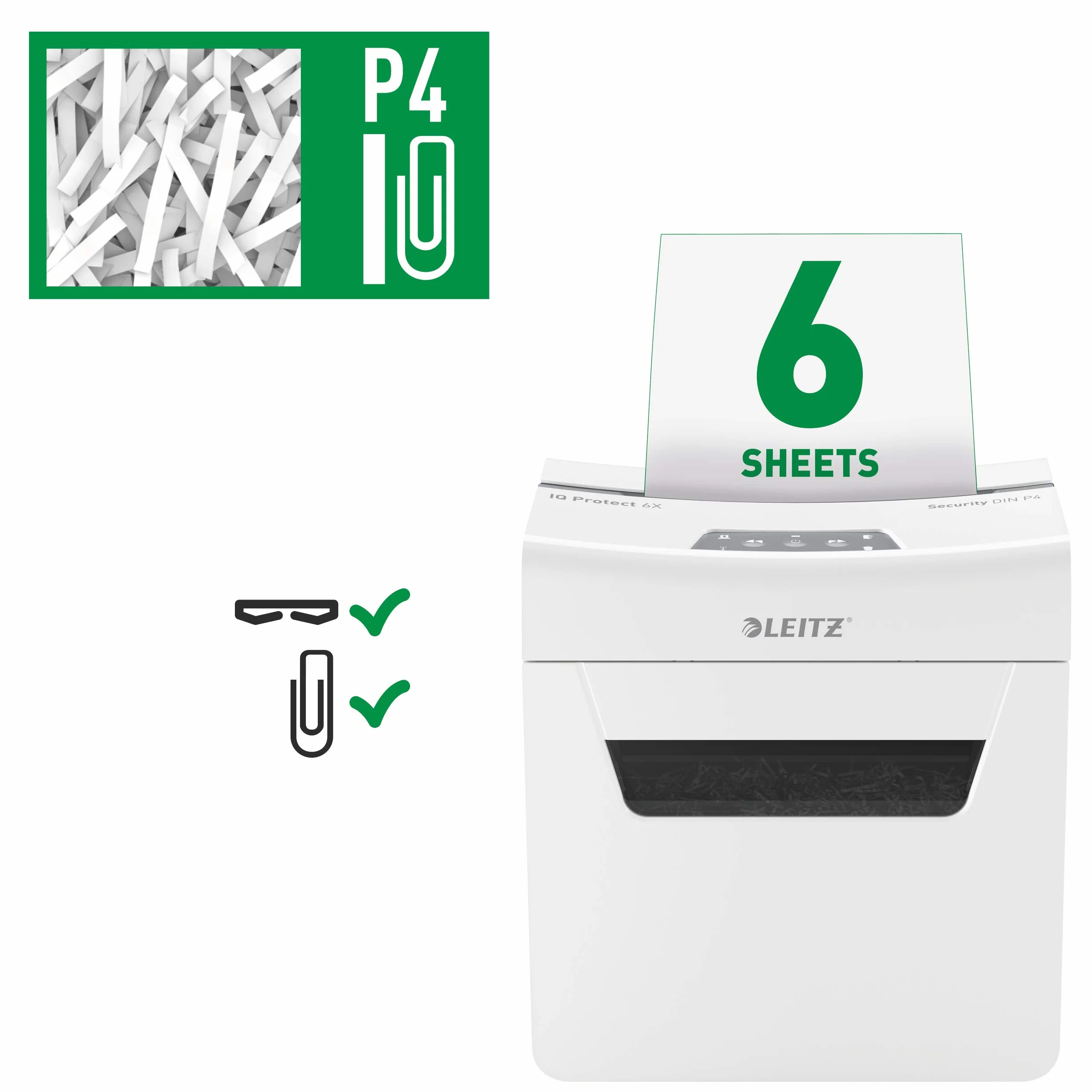 Leitz IQ Protect Premium 6X, Distruggidocumenti Manuale Personal, 7-6 Fogli (70-80 gr/mq), Taglio a Frammenti, Sicurezza P-4, Capacità 10 litri, 80900000
