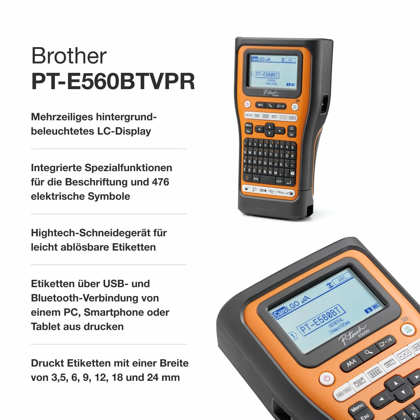 Brother PT-E560BTVP - Etichettatrice industriale con Bluetooth, batteria agli ioni di litio e custodia per il trasporto (per nastri TZE larghi 24 mm, tubi termoretraibili HSE larghi 18 mm, stampa a