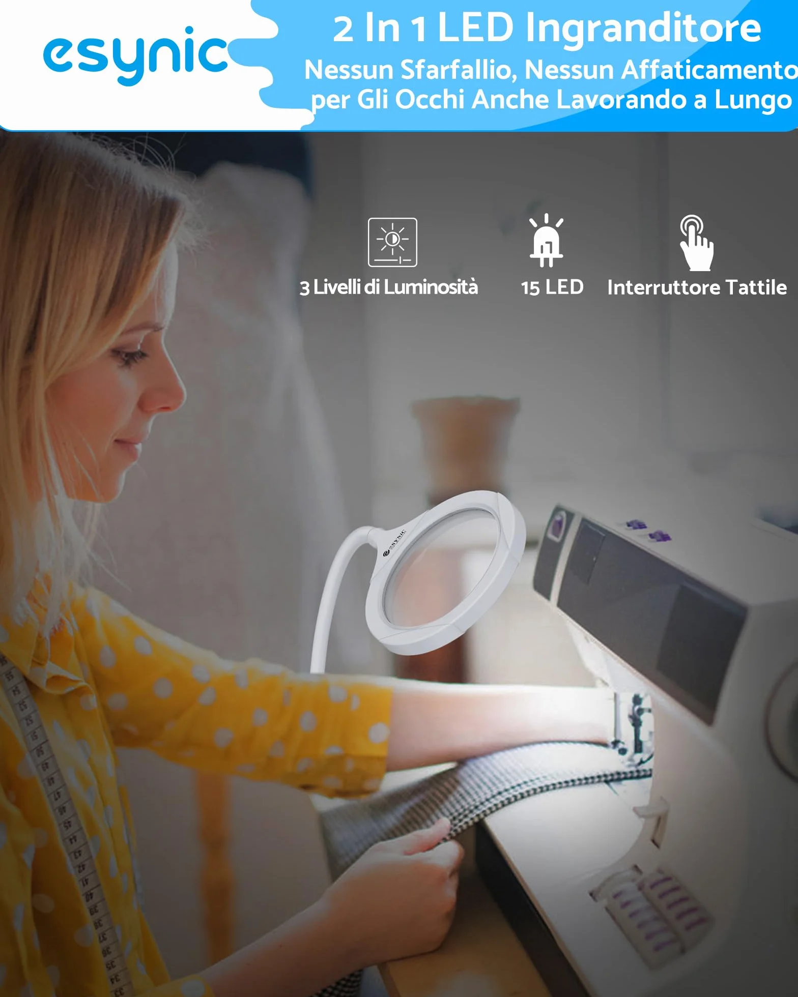 ESYNiC 2 in 1 Lente di Ingrandimento 5X 10X Lampada LED Ricaricabile con Morsetto da Tavolo Lente d'Ingrandimento Luce 15 LED 3 Luminosità Regolabile con Clip Collo Flessibile - Bianco