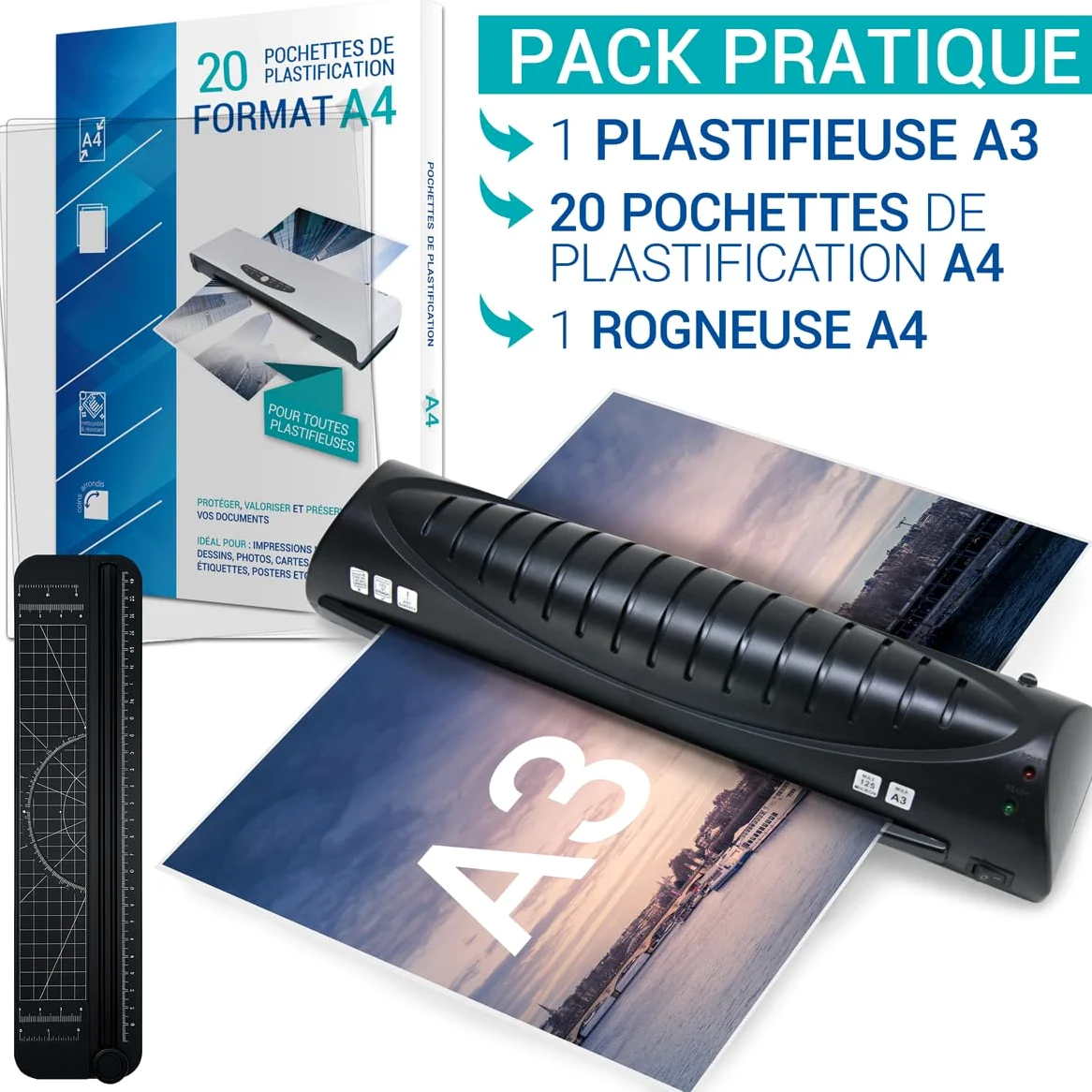 Plastificatrice A3 con 20 buste A4 e un taglio carta incluso, macchina per plastificatrice a caldo, plastificatrice A3, A4, A5, A6 con starter kit di avviamento, per ufficio casa scuola