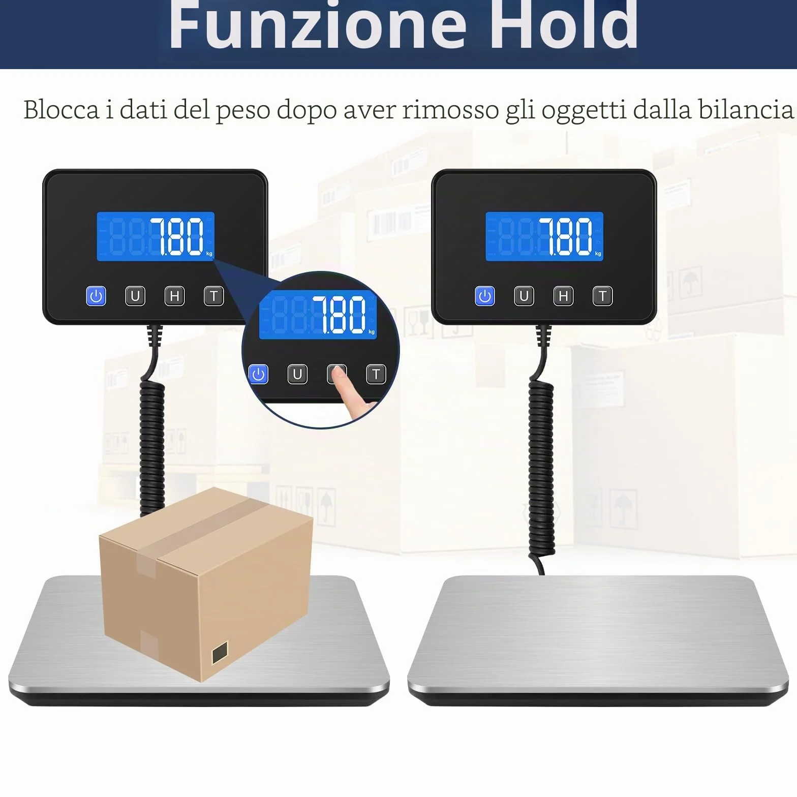 Collazoey Bilancia Postale, Bilancia per Pacchi Ricaricabile USB da 200 kg/ 10 g con Funzione Ritenzione/Tara, Acciaio Inossidabile, Sensore a 4-Punti con LCD, Adatta per Pacchi/Bagagli/Magazzino
