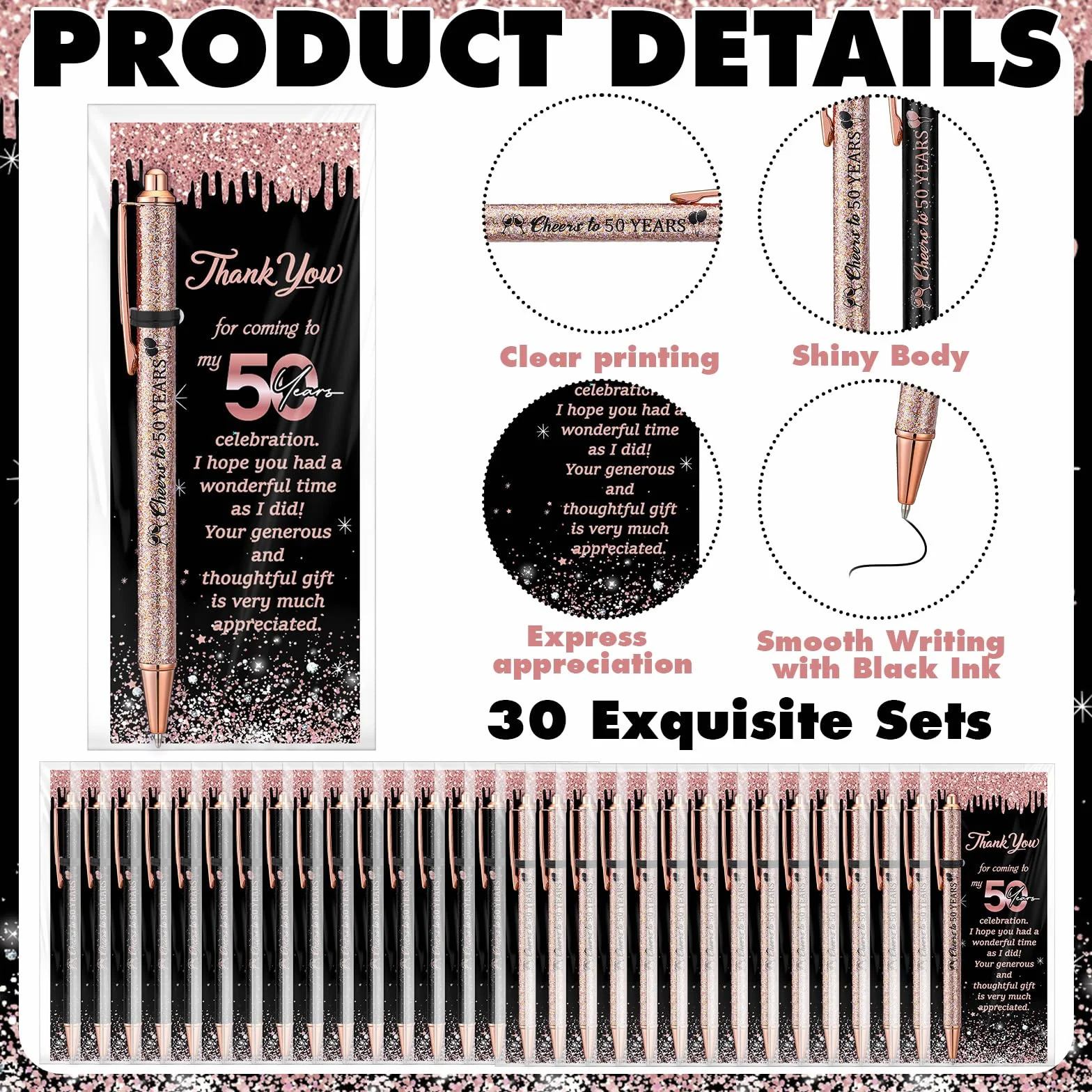 Sayglossy 30 Set di Forniture per il 50° Compleanno per gli Ospiti Include 30 Penne a Sfera con 30 Biglietti di Ringraziamento 50 Sacchetti OPP e 50 Nastri a Torsione per Ufficio, Favori di Compleanno