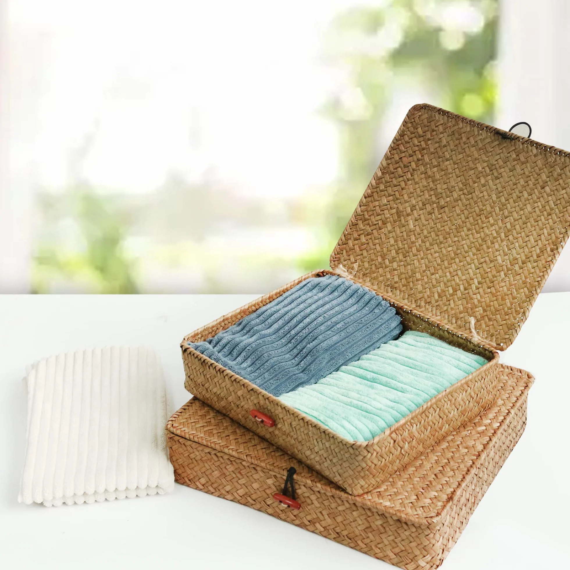 FEILANDUO Cesti portaoggetti in vimini con coperchi, per organizzare ripiani in alghe marine naturali, in rattan intrecciato, stile bohémien, decorazione per la casa, set di 2 (naturale)