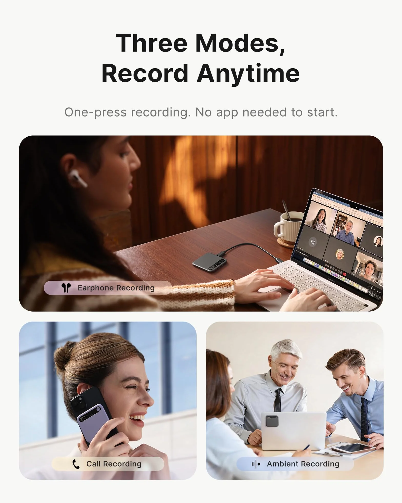 BOYA Notra Registratore Vocale AI con Trascrizione Automatica in 145 Lingue Sommari Intelligenti, Supporto per Registrazione Ambientale, Chiamate, Cuffie Bluetooth, Ideale per Appunti Riunioni, Nero