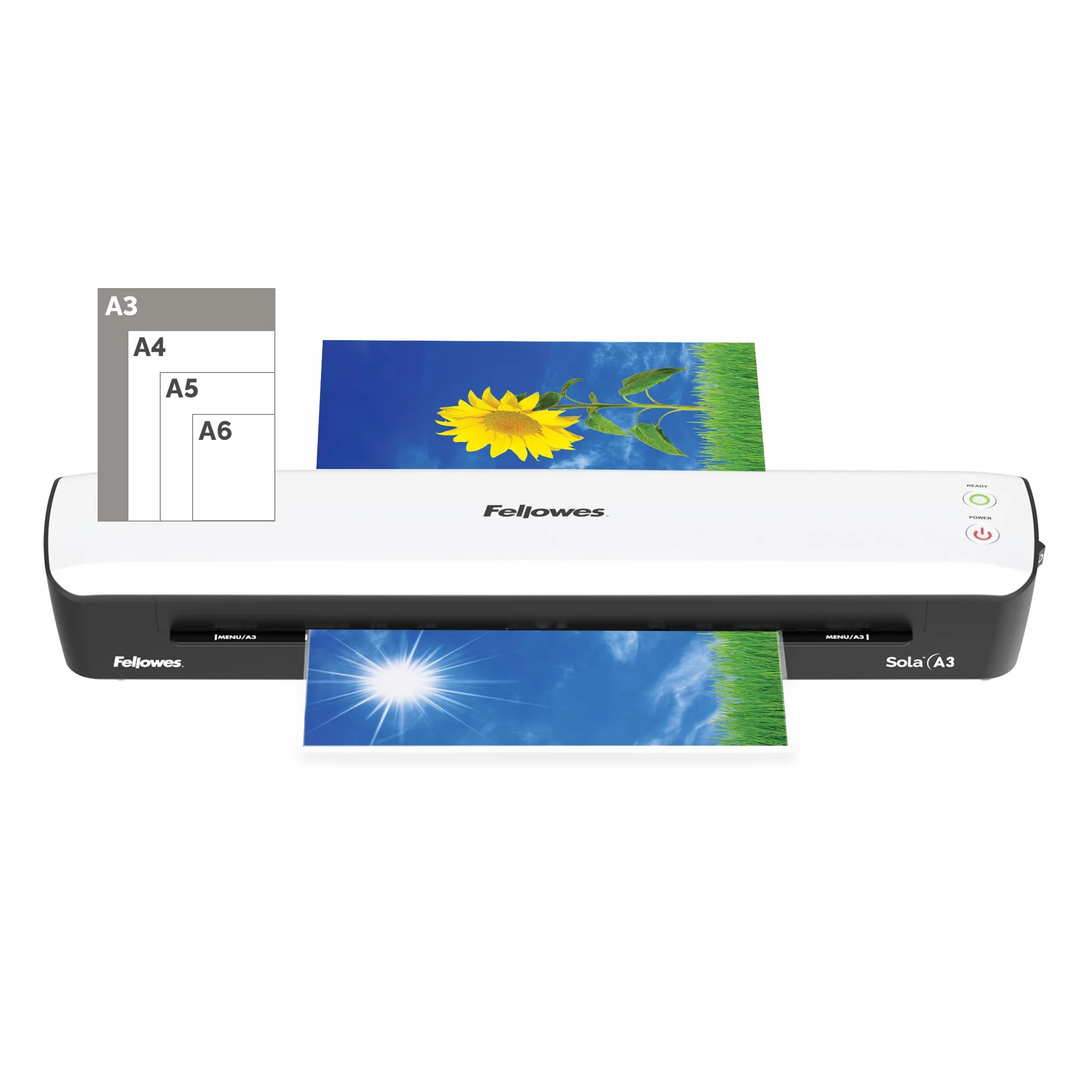 Fellowes Sola Plastificatrice A3 per uso domestico, tempo di riscaldamento rapido di 4 minuti con funzione di spegnimento automatico, 80-125 micron, bianco
