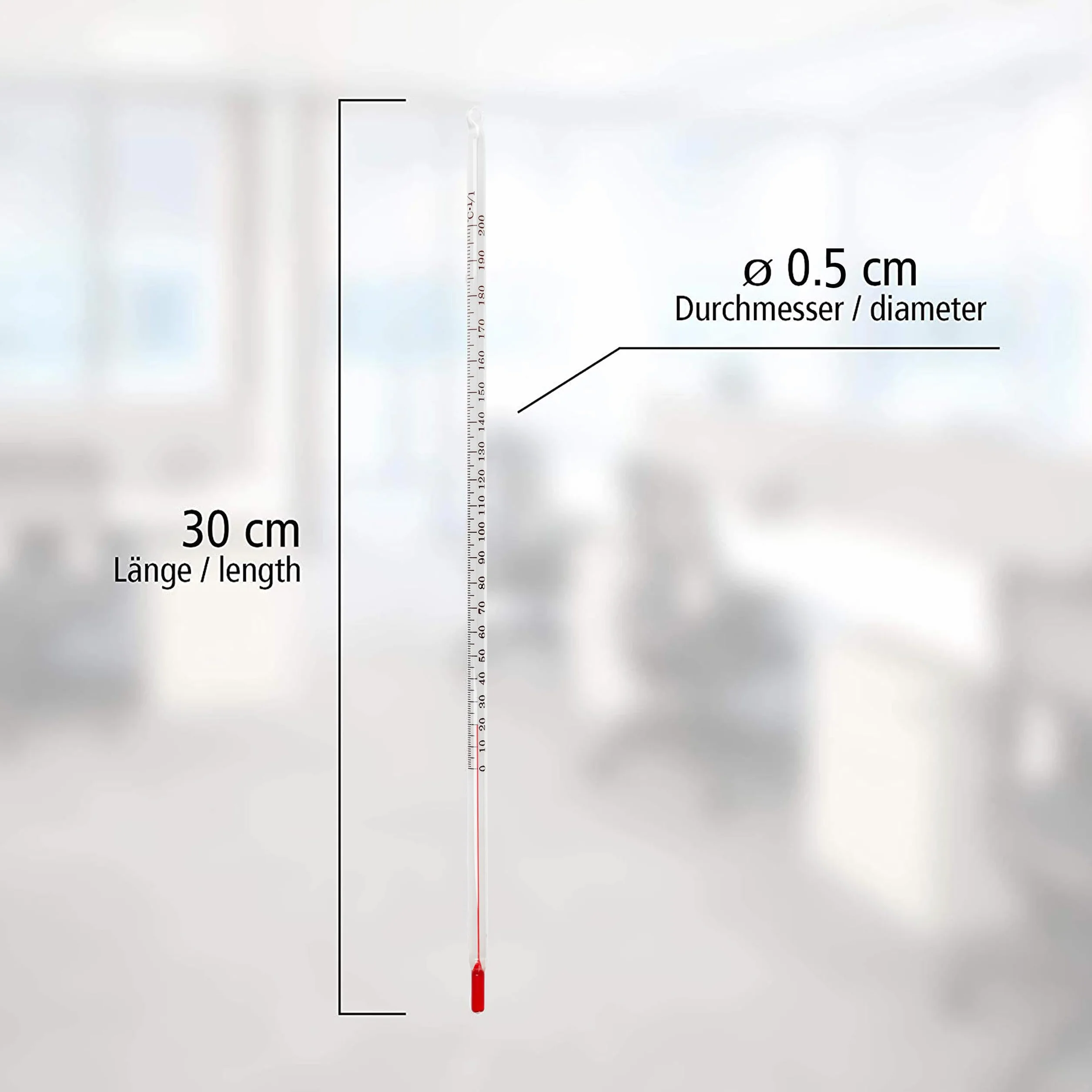 Lantelme Termometro da Laboratorio in Vetro 0-200°C 30 cm Ø 0,7 cm Resistente agli Acidi e Solventi