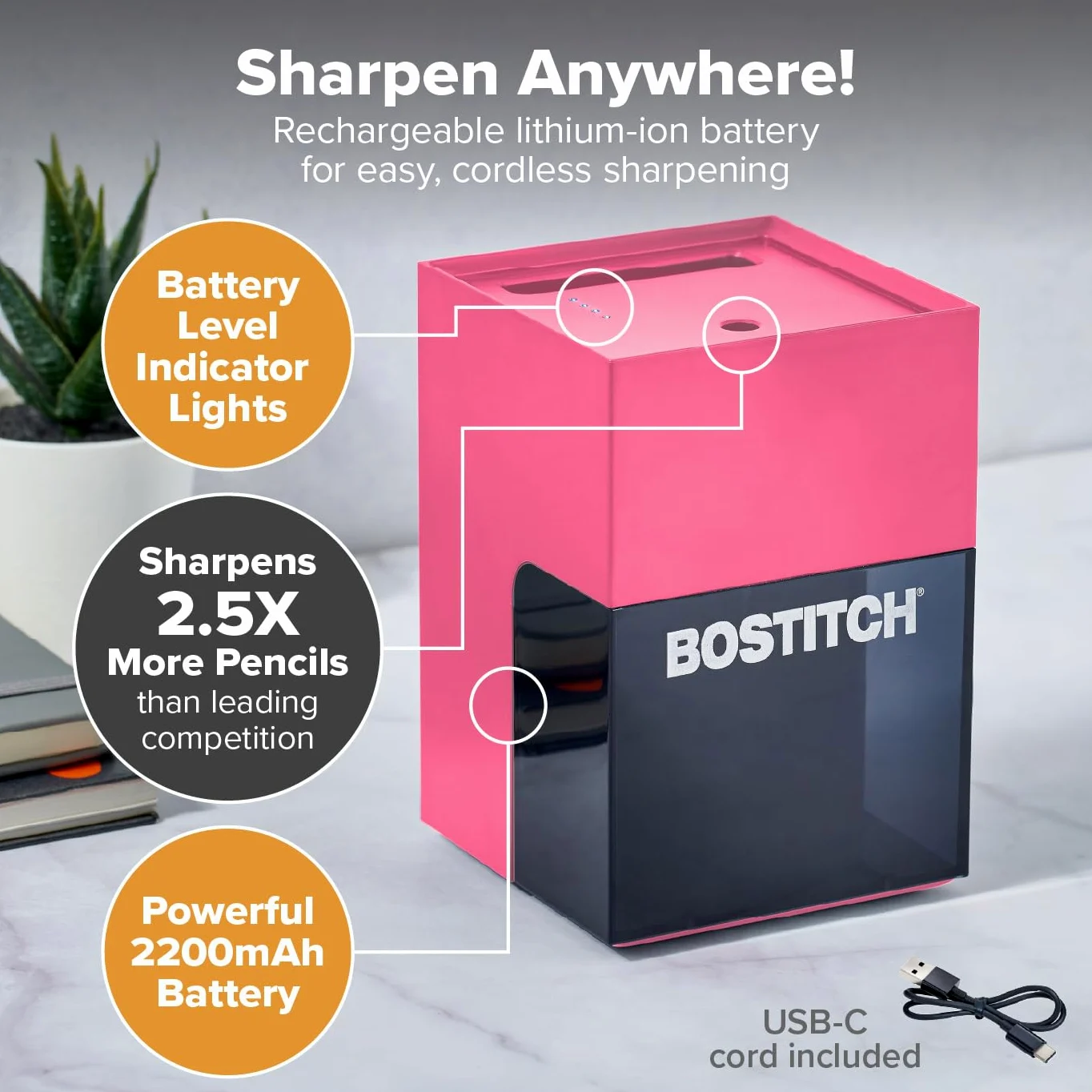 Bostitch Konnect - Temperamatite a batteria ricaricabile per organizer da scrivania KT2 n. 2/matite colorate, rosa