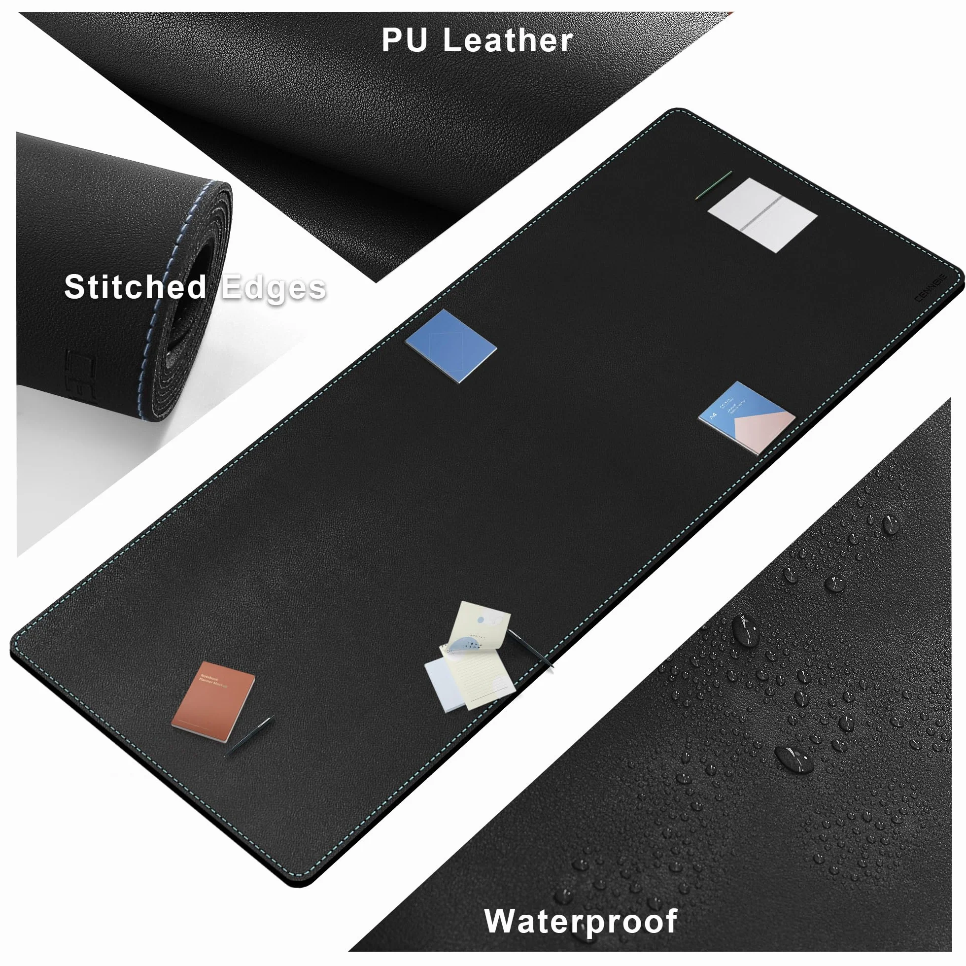 CENNBIE Tappetino da scrivania in pelle PU 180x70 cm impermeabile per mouse, ufficio e casa (Nero)