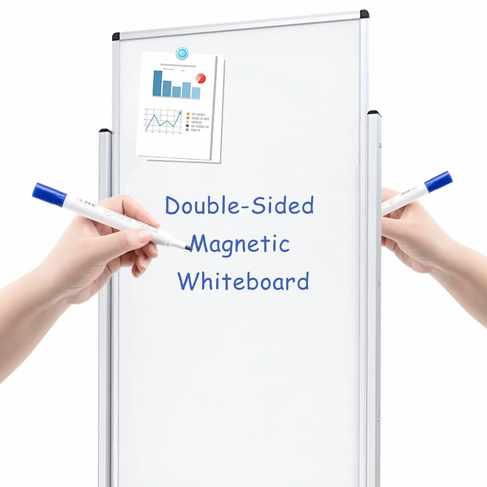 VIZ-PRO Lavagna Bianca Magnetica 120 x 60 cm con Supporto | Doppio Lato Cancellabile a Secco, Cornice in Alluminio, ideale per Ufficio, Casa, Scuola e Riunioni