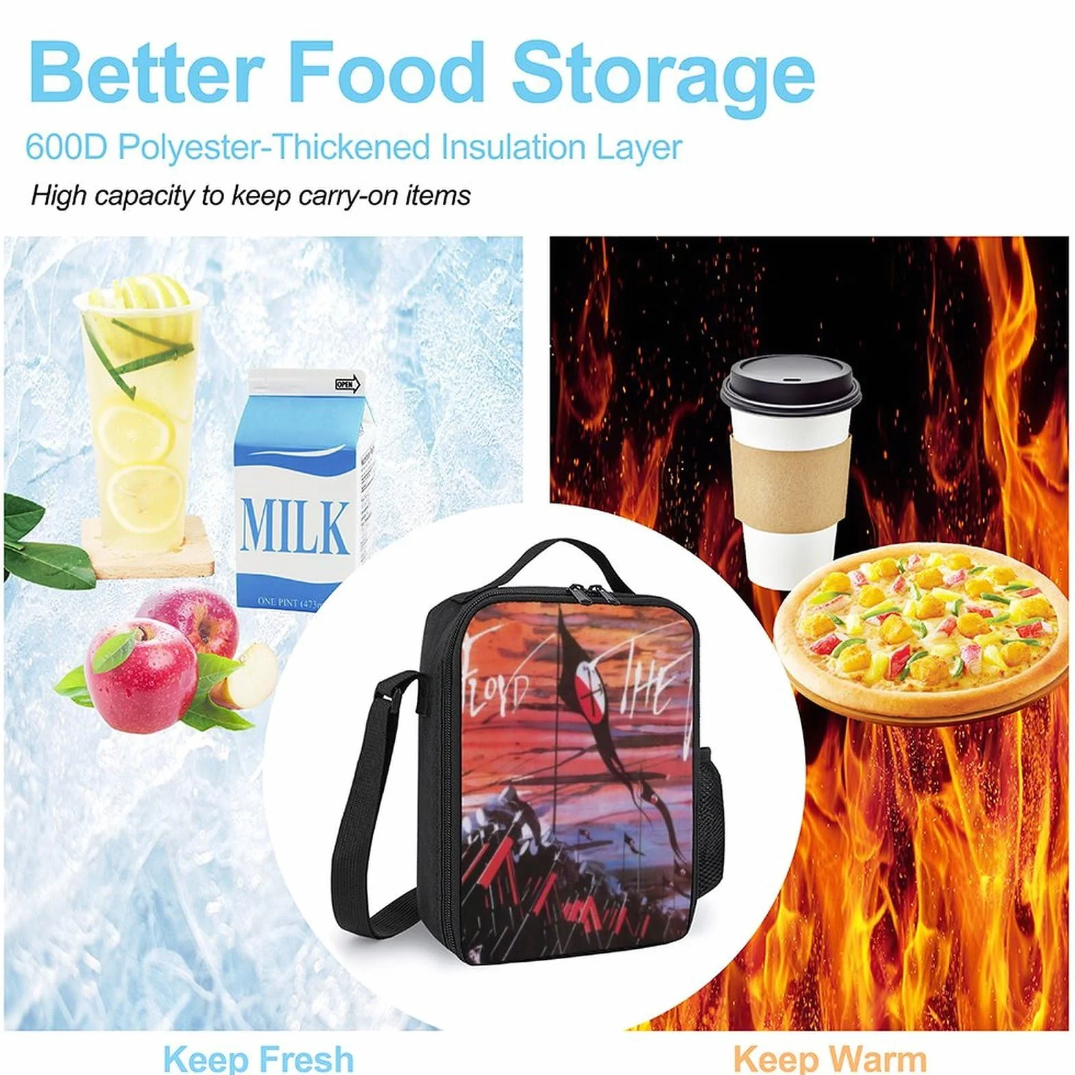 Pink Floyd Borsa termica per il pranzo grande con tracolla a prova di perdite 26x20x12 cm