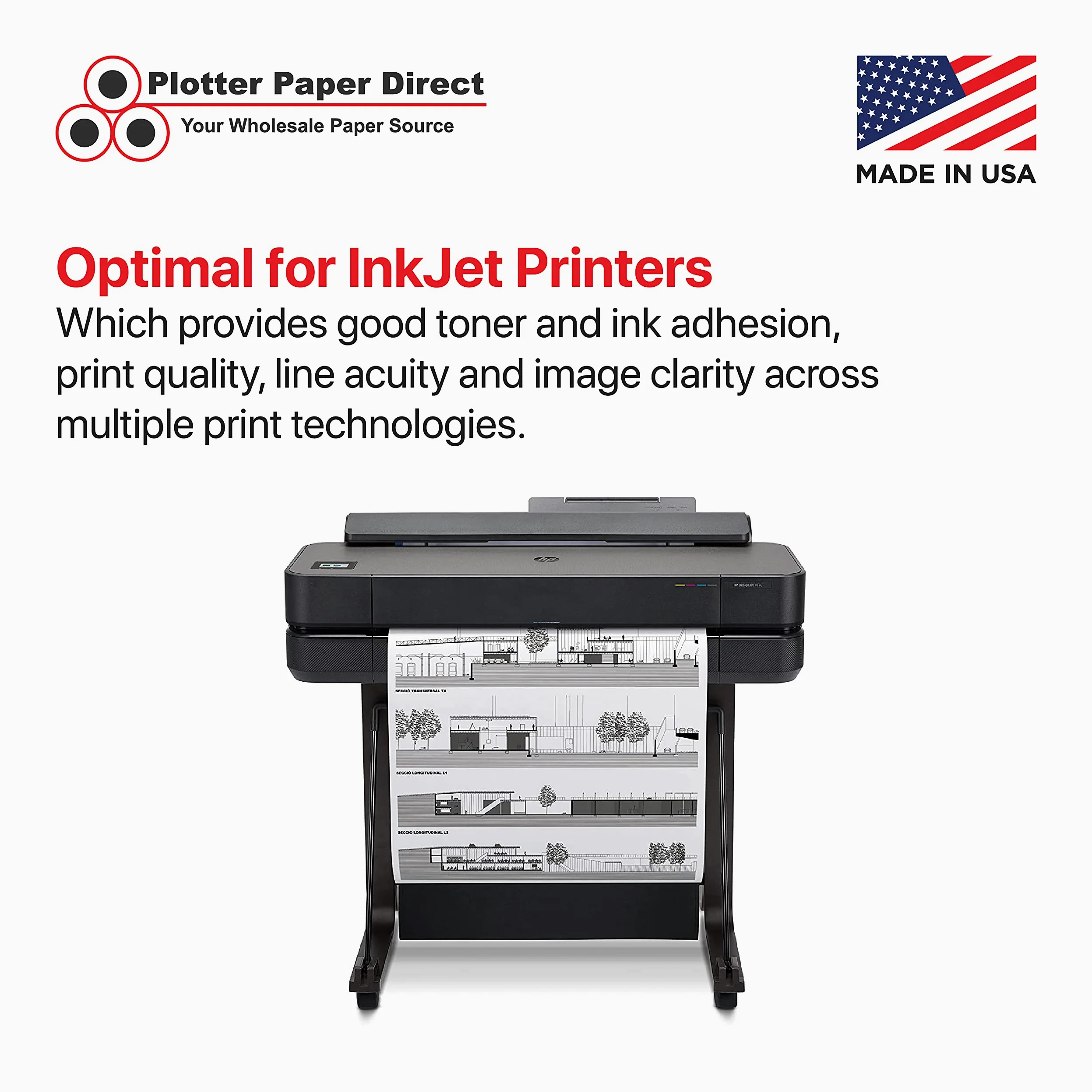 Plotter Paper Direct Rotolo di carta non patinata per stampanti a getto d'inchiostro, 9,1 kg, 4 rotoli, 76 cm x 90 m, nucleo 5,1 cm
