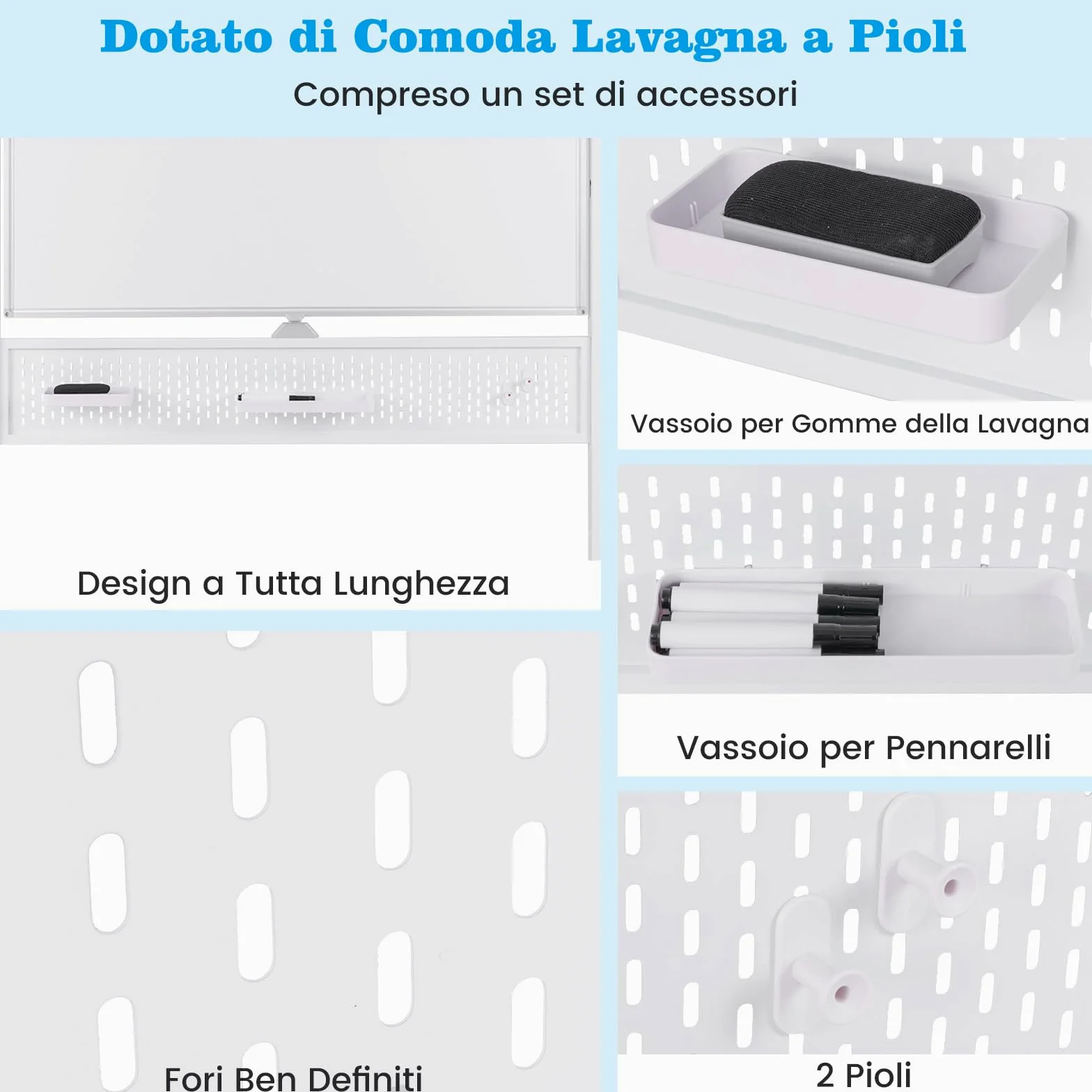 COSTWAY Lavagna Bianca Mobile 120 x 90 cm, Lavagna Magnetica Cancellabile a Secco con Pannello Forato, Cavalletto e Ruote,Doppia Faccia Altezza Regolabile, Accessori Completi (Bianco)