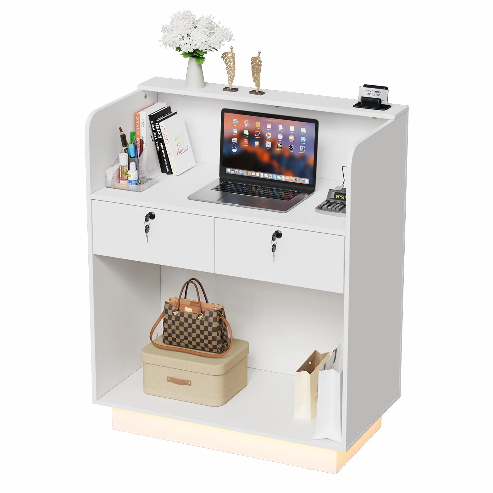MSFE Banco Receptio Piccolo con LED, Bancone Reception con Cassetti, Bancone Cassa, Armadio Bancon Vendita, Mobili per reception, per Hotel, Ufficio,Centro Estetico,103X80X45cm