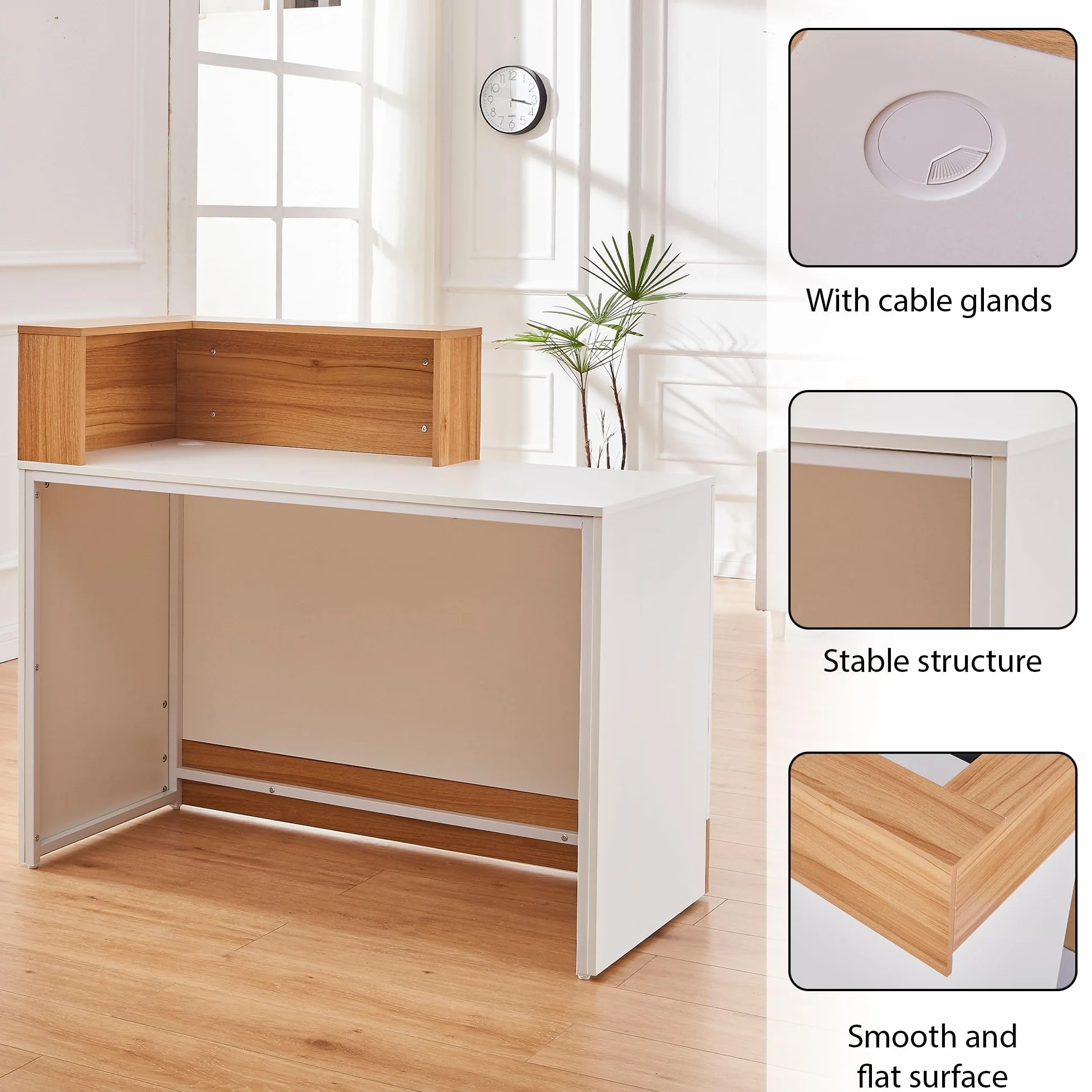 Bancone reception Moderno in Legno 120 cm, Scrivania Professionale Bancone Ufficio con Gestione Cavi per Parrucchiere, Centro Estetico, Negozio, Hotel