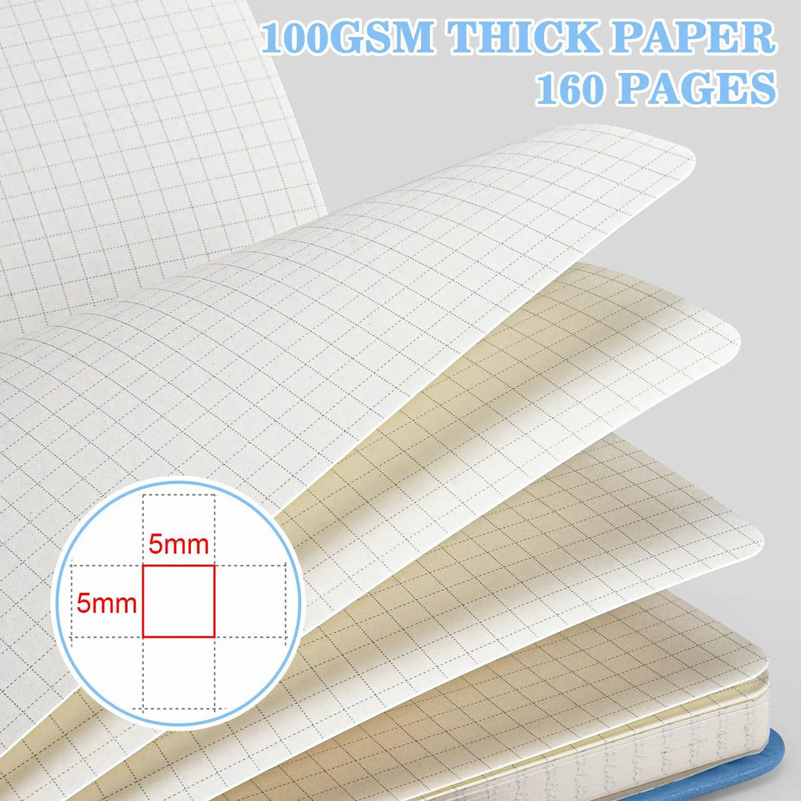 Quaderno a quadretti con 160 pagine, formato A5, formato medio (14,5 x 21,1 cm), carta a quadretti spessa 100 g/m², copertina rigida, in pelle, per scrivere, per lavoro, scuola, matematica, ingegneria