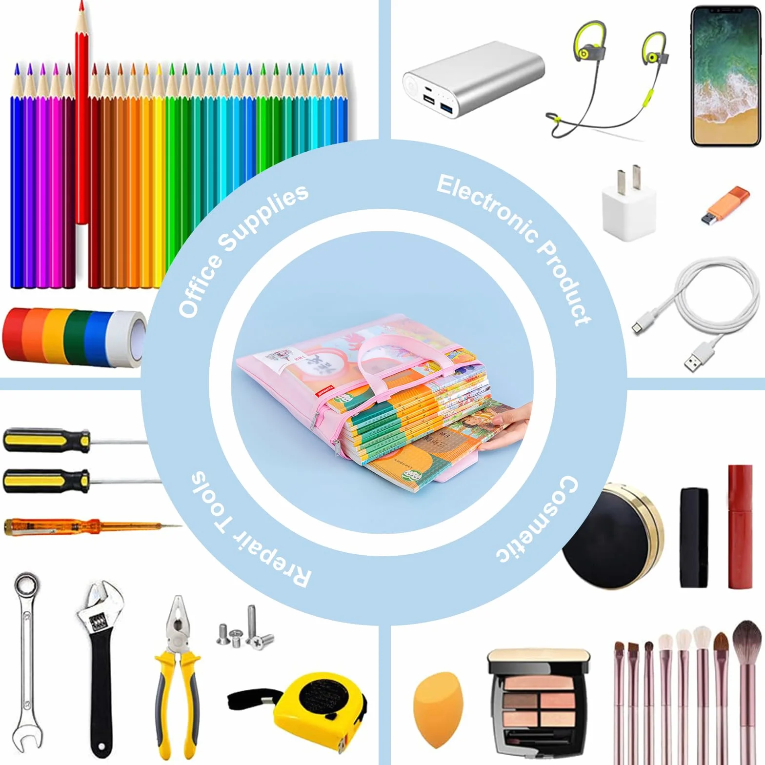 Set di 2 portadocumenti A4 in nylon impermeabili con doppia cerniera blu e rosa