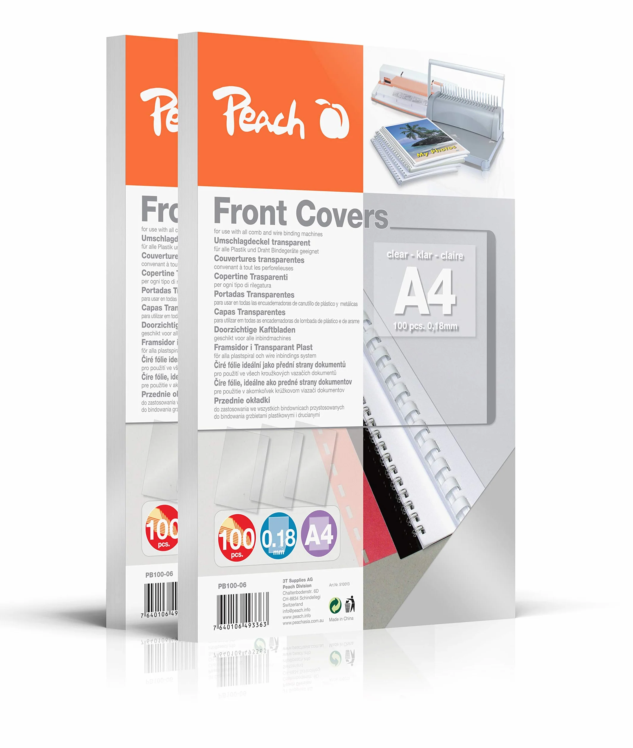 Peach PB100-06A Fogli Copertina A4 0,18 mm Trasparente Confezione da 200