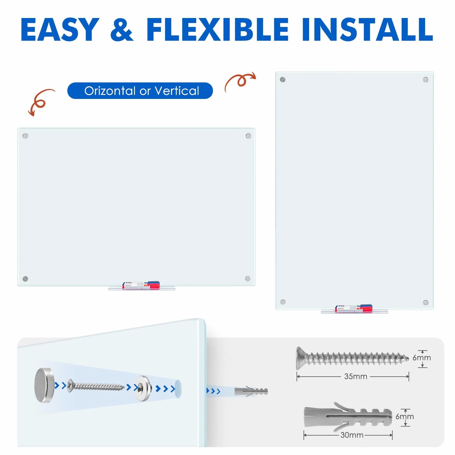 maxtek Lavagna Cancellabile in Vetro Temperato, 90 x 60 cm Lavagna Magnetica da Parete, Senza Cornice Scrivibile Whiteboard, Bacheca Facile da Montare per Ufficio, Scuola, Casa