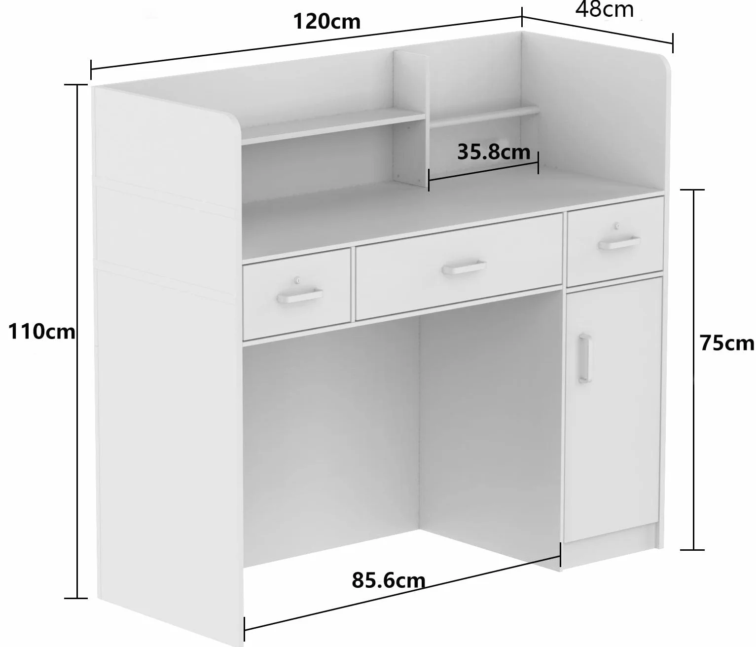 Banco reception, tavolo bancone per ufficio con 3 cassetti, disponibile, schermo privacy, bianco, MDF, maniglia in metallo, 110 x 120 x 48 cm