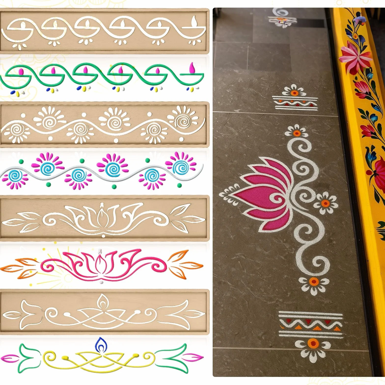 Stencil Rangoli in Legno Set 4 Pezzi Modelli Decorativi Mandala Fiori Riutilizzabili per Pittura Decorazione Pavimento