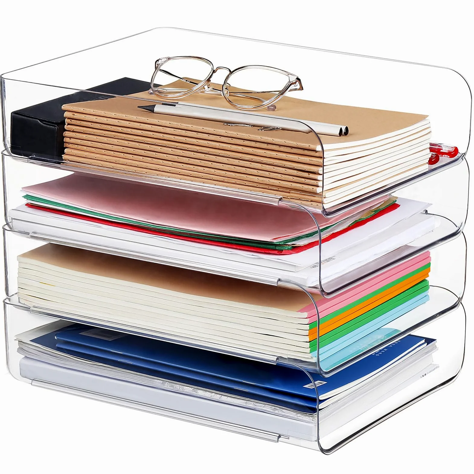 Vassoi di carta trasparenti impilabili per scrivania, vassoio per lettere, accessori per scrivania, porta carta A4, forniture, riviste, documenti e ricevute (trasparente)