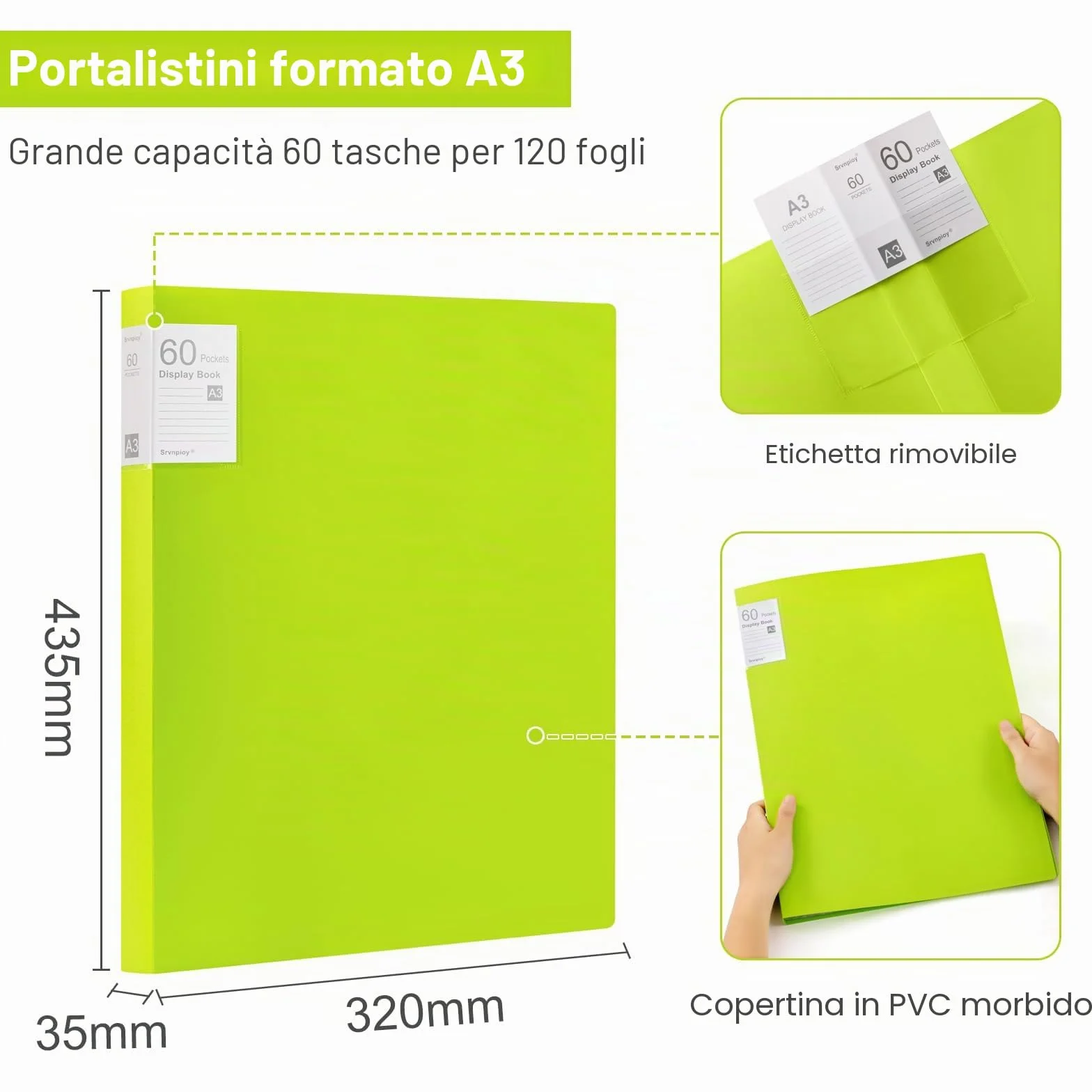 2 Pezzi Portalistino A3, 60 Tasche Trasparenti, Porta vista A3 120 viste, Presentazione Mostra Libro per opere d'arte, fogli report, Verde