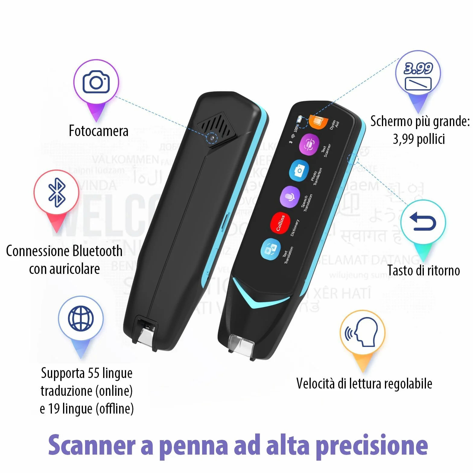 NEWYES Penna Scanner,Penna Lettura e Traduttore con touch screen da 3,99inch, penna per apprendimento con registrazione intelligente, penna per lettura scanner OCR per viaggiatori e uomini d'affari