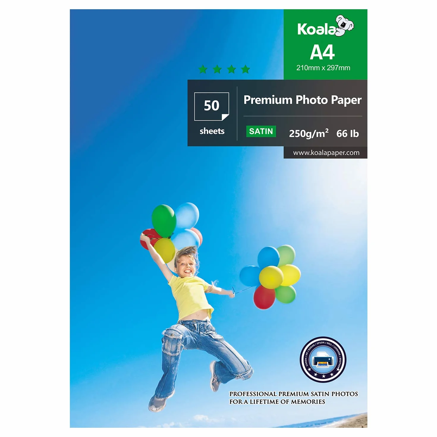 KOALA Carta Fotografica Satinata A4 250 g/m² 50 fogli per Stampanti a Getto d'Inchiostro Canon HP Epson
