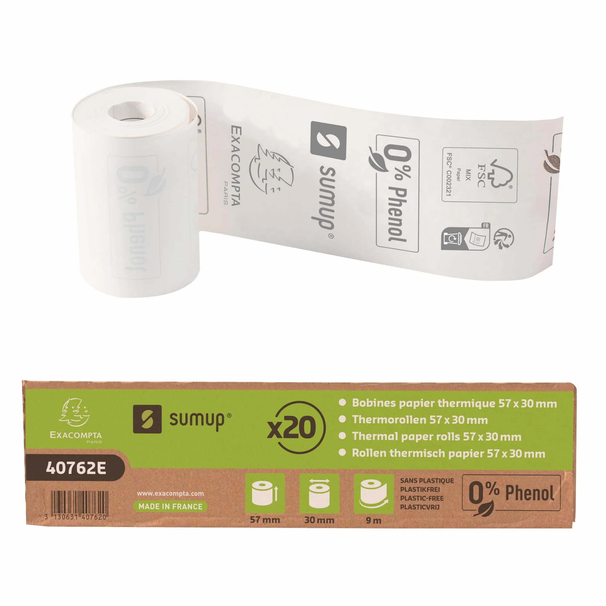 Exacompta SumUp Scatola 20 rotoli carta termica 55 g/mq 57x30mm senza fenolo bianco