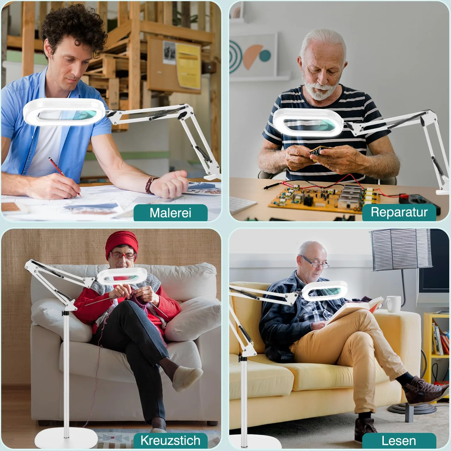 Lente d'ingrandimento 10X con luce e supporto, lampada da terra con lente d'ingrandimento 3 in 1, 5 modalità di colore, lampada con lente d'ingrandimento dimmerabile per pittura e cucito.