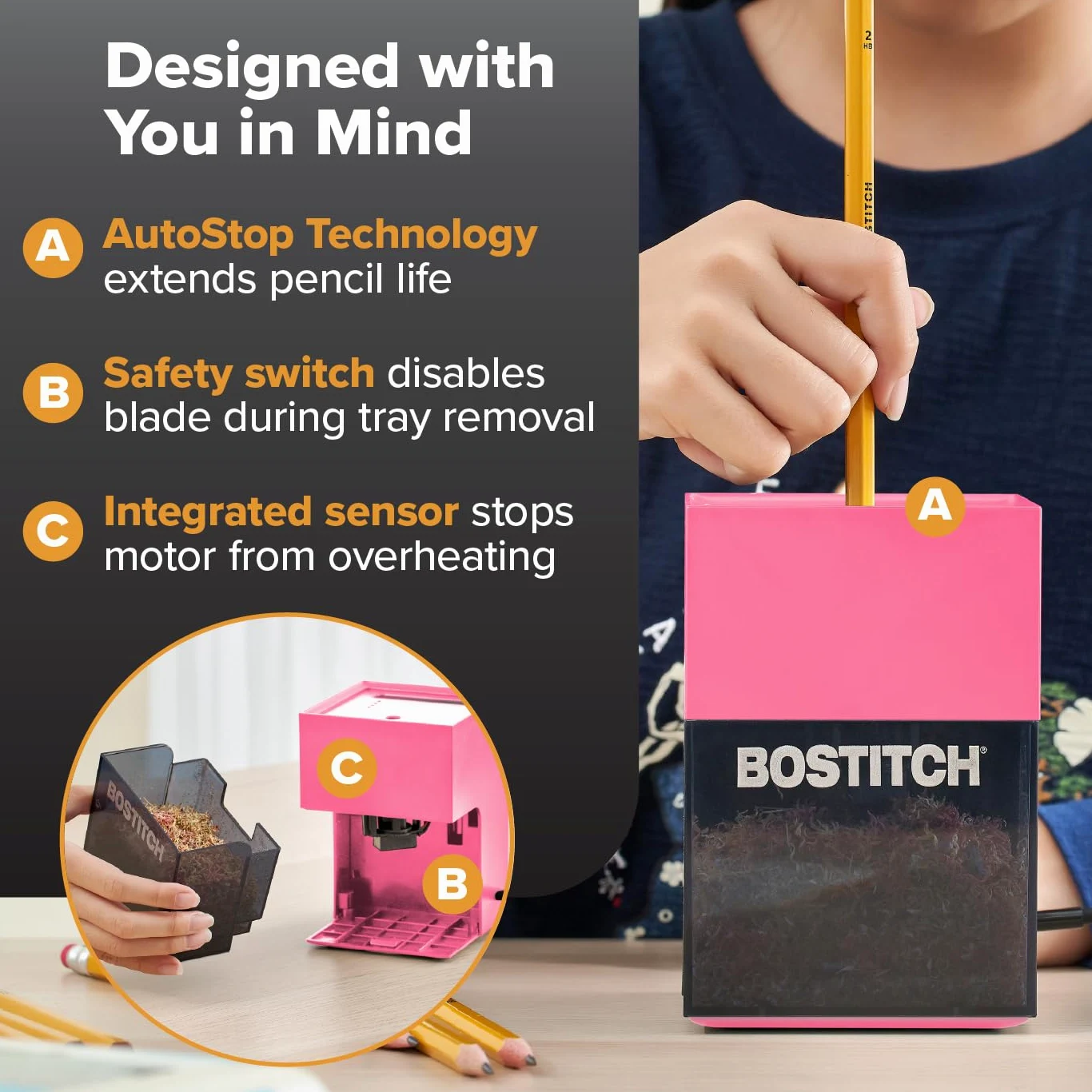 Bostitch Konnect - Temperamatite a batteria ricaricabile per organizer da scrivania KT2 n. 2/matite colorate, rosa