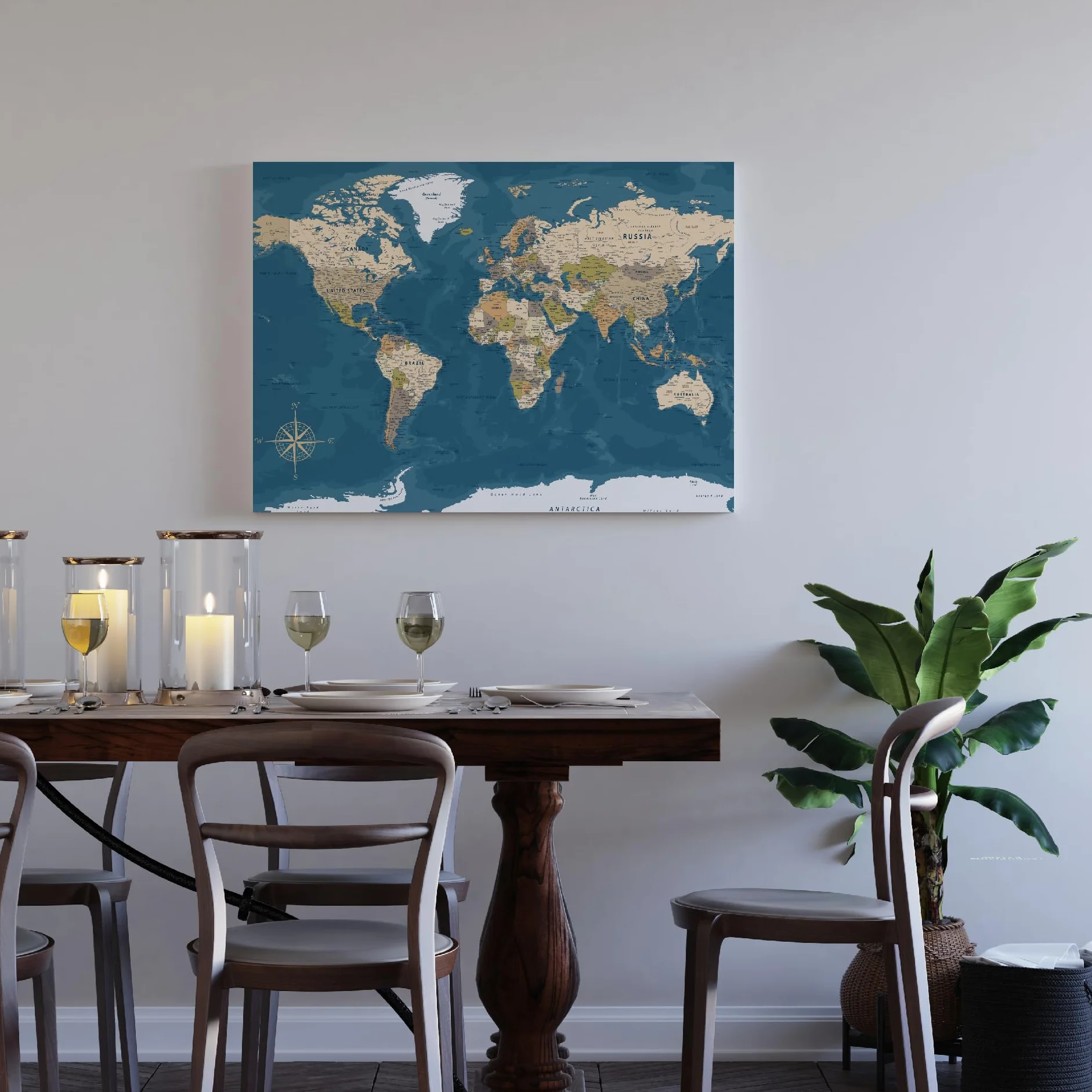framed concept | Mappa del mondo con puntine | decorazione da parete fatta a mano con 50 puntine dorate | idea regalo originale