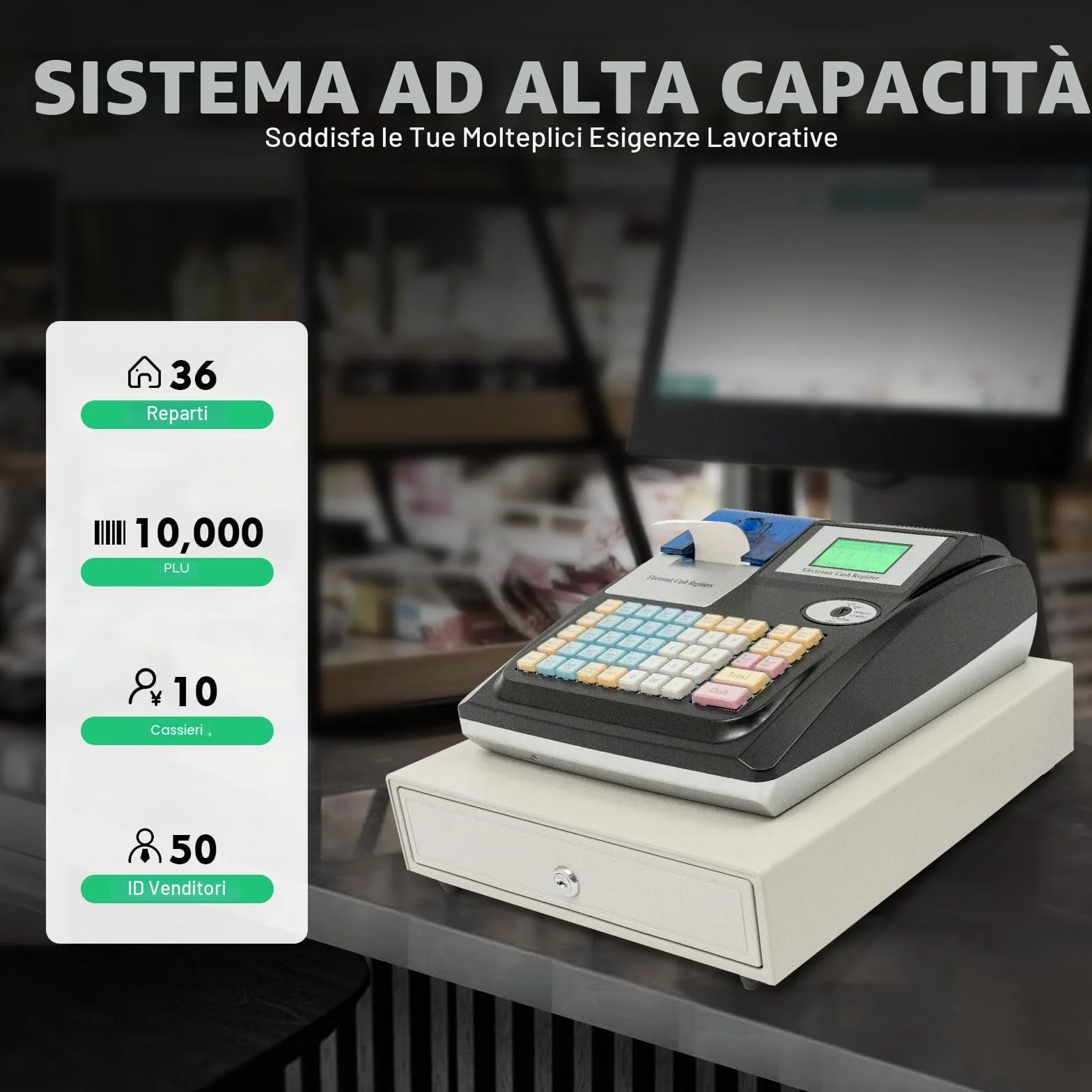 Registratore di Cassa Elettronica per Gastronomia al Dettaglio - Sistema Solido Con 48 Tasti, Display Digitale, 40W - Attrezzato per il Commercio