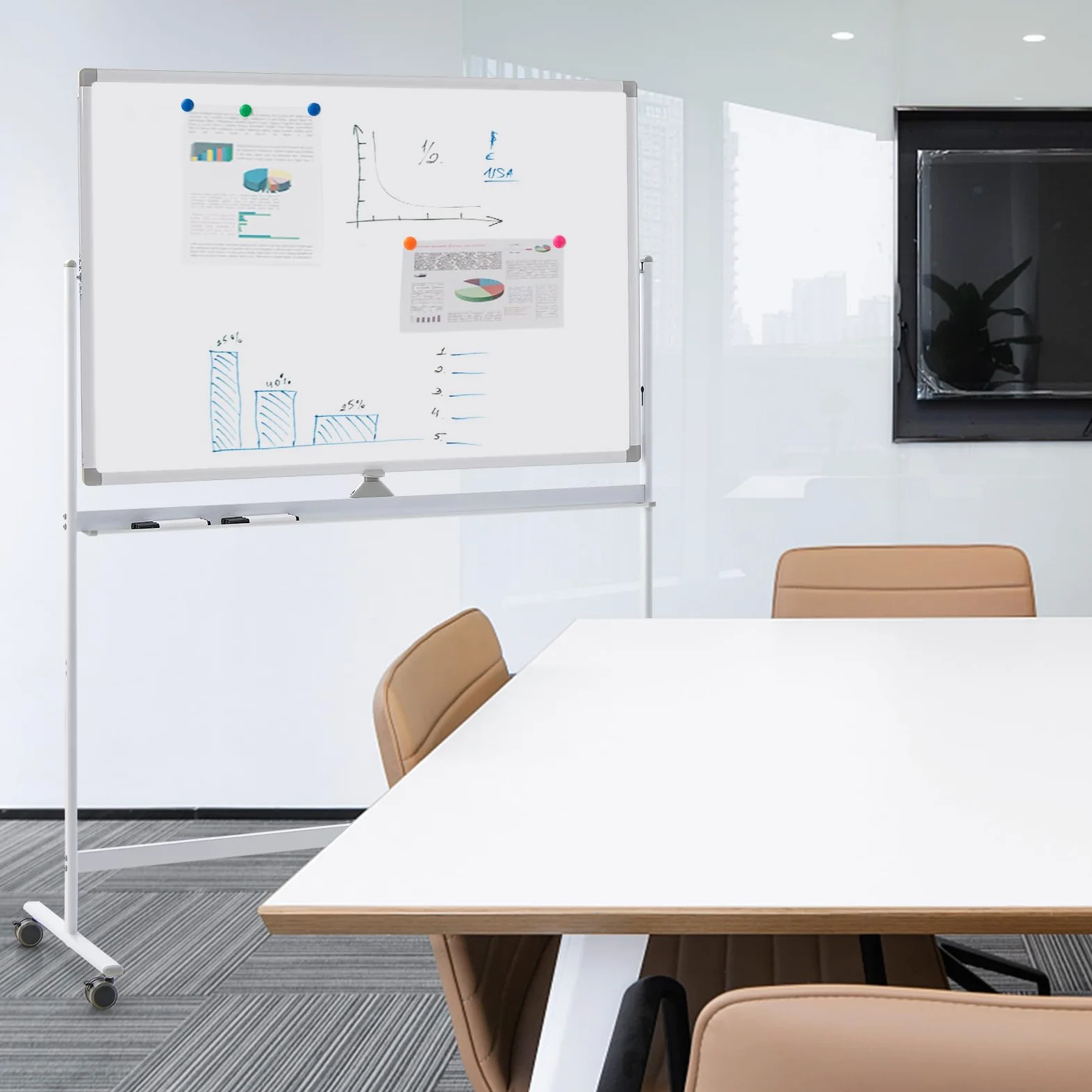 COSTWAY Lavagna Bianca Mobile 120 x 80 cm, Lavagna a Doppia Faccia Magnetica Cancellabile a Secco con Cavalletto e Ruote, Altezza Regolabile 2 Livelli, Accessori Completi (Bianco)