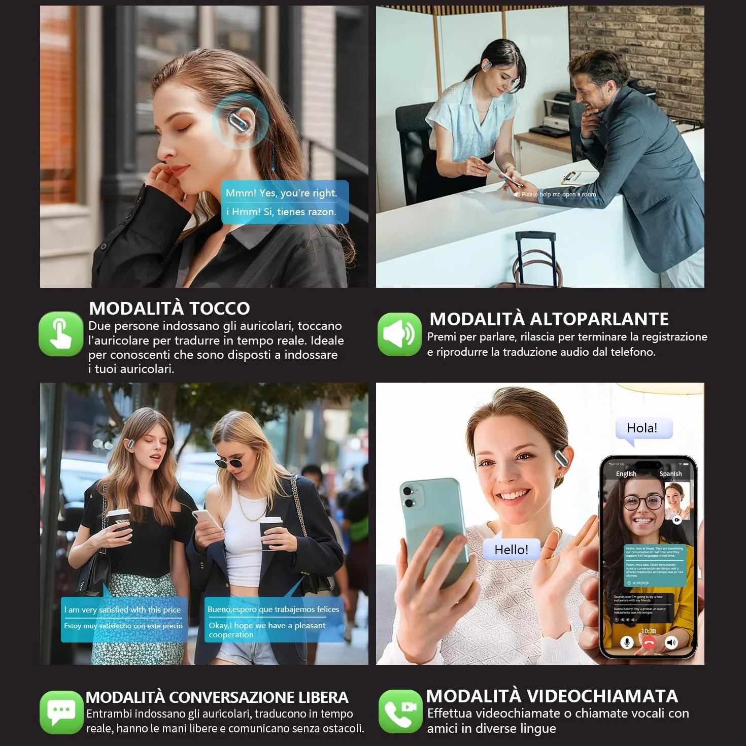 2026 Cuffie Traduzione Simultanea in 198 Lingue, 4 in1 Auricolari Traduttore Vocale Istantaneo Multilingue,Bluetooth 6.1 Wireless 80 ore con ENC Mics, Cuffie Traduzione Adatto per affari, viaggi