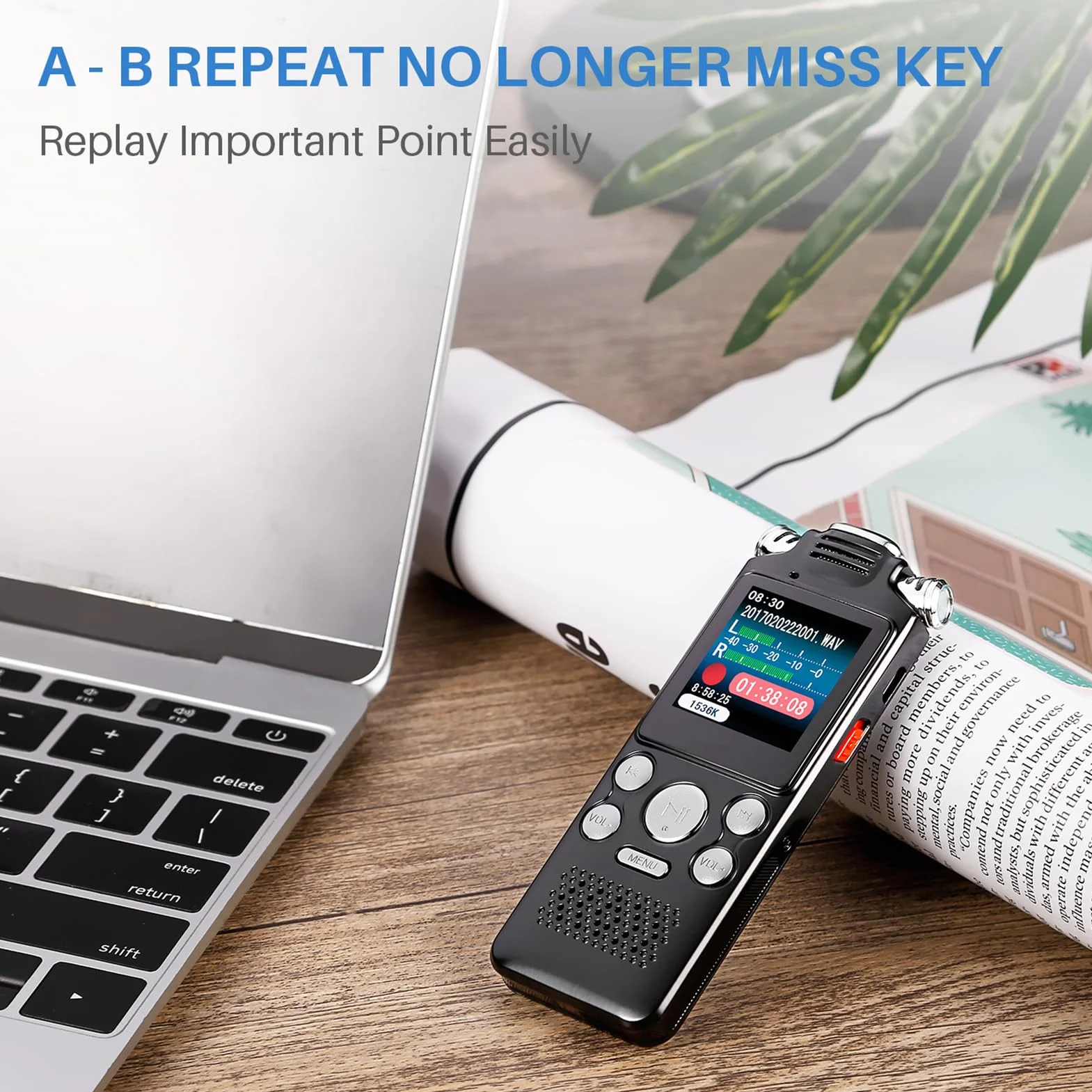 Docooler - Registratore vocale da 8GB, registratore audio con cancellazione del rumore, microfono doppio per registrazione vocale HD attivata, custodia in metallo